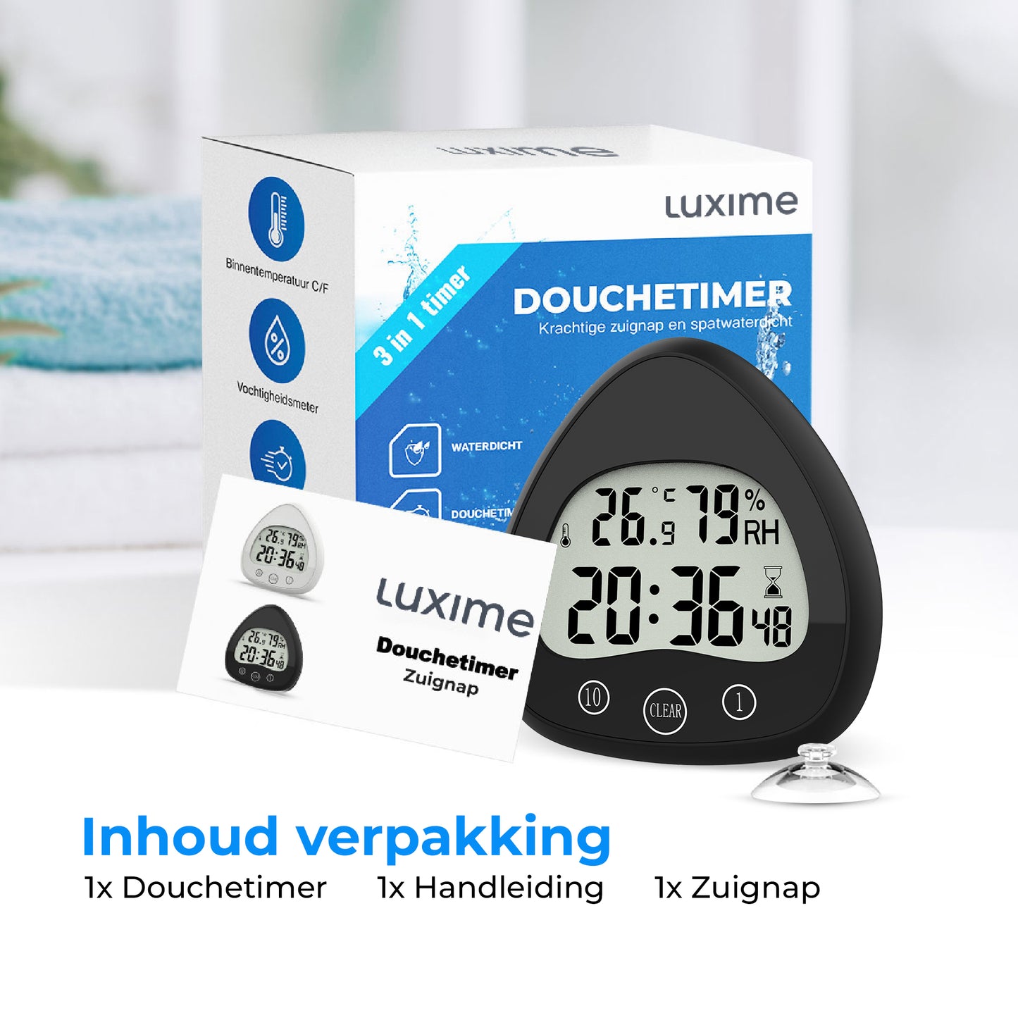 Inhoud verpakking Luxime douchetimer – inclusief zuignap en handleiding