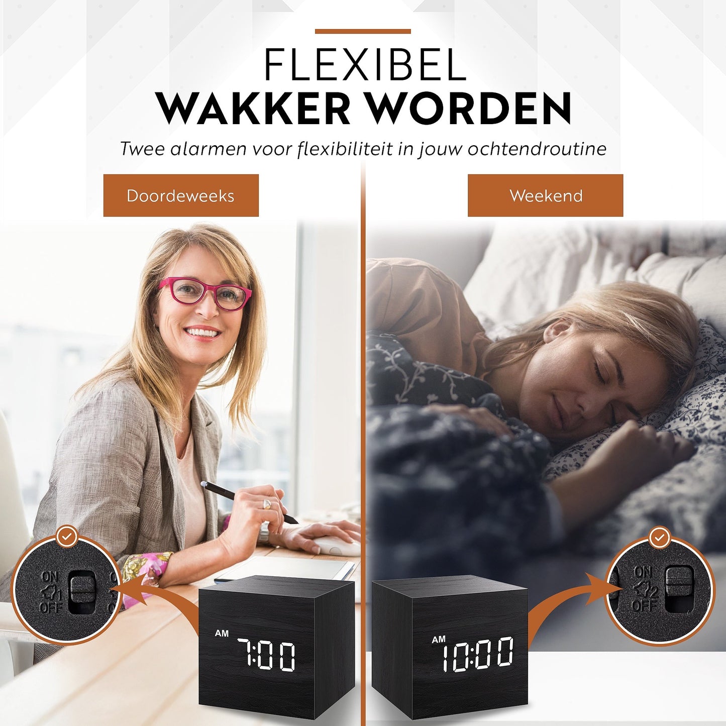 Wekker met dual alarm functie voor verschillende wektijden doordeweeks en weekend