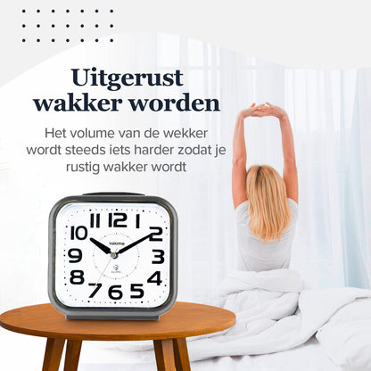 Luxime grijze analoge wekker met geleidelijk harder wordend alarm