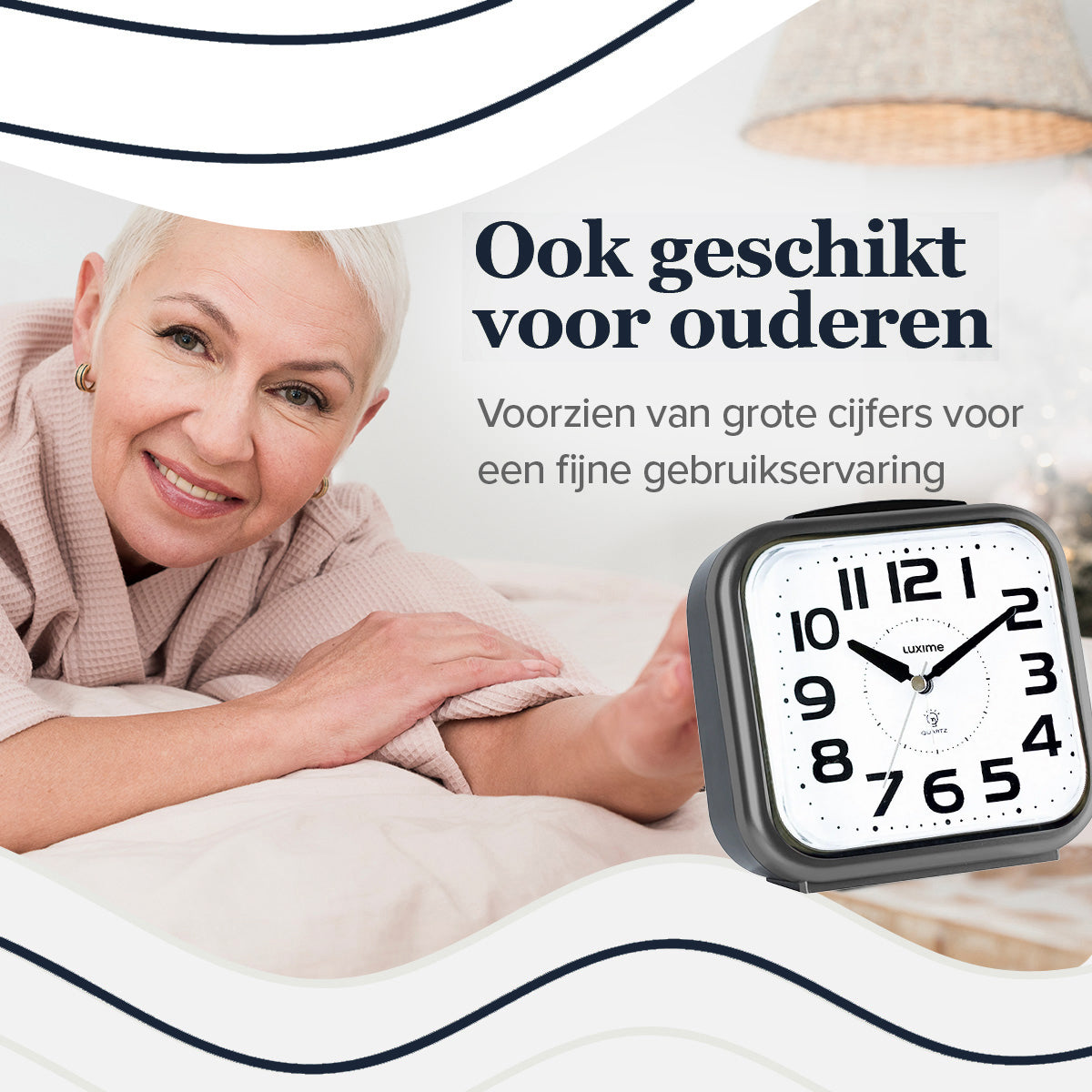 Luxime grijze analoge wekker met grote cijfers geschikt voor ouderen