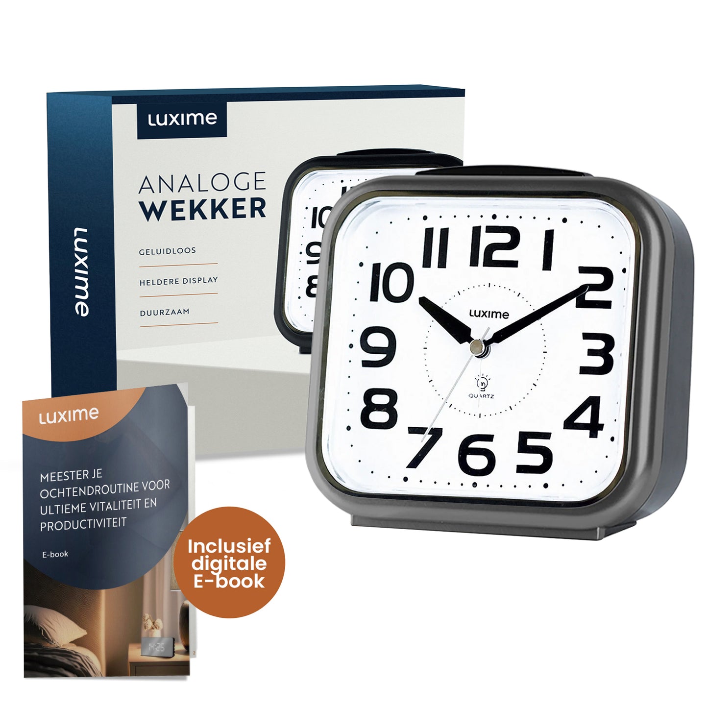 Luxime grijze analoge wekker inclusief digitaal e-book en verpakking
