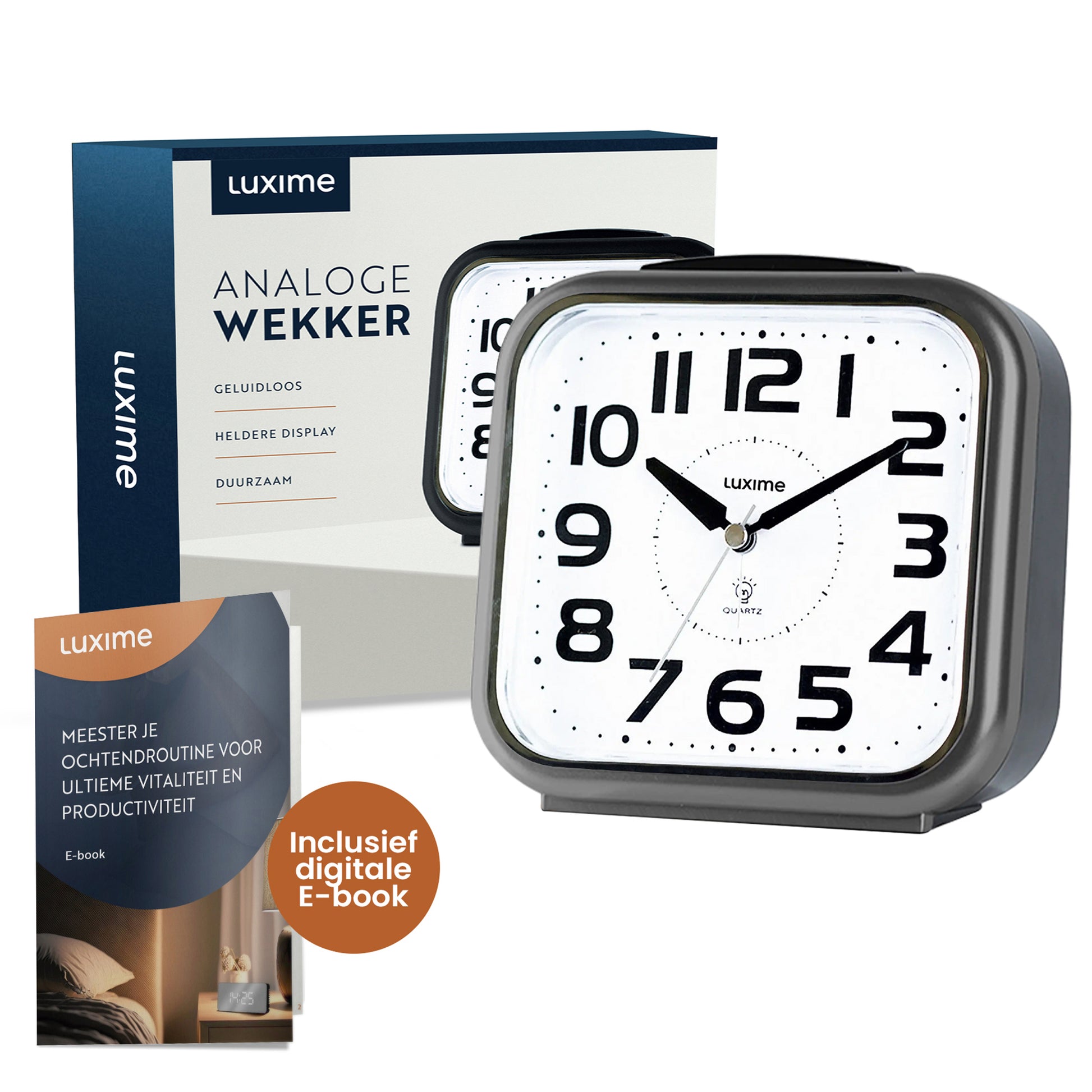 Luxime grijze analoge wekker inclusief digitaal e-book en verpakking
