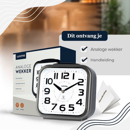 Inhoud verpakking van de Luxime grijze analoge wekker inclusief handleiding