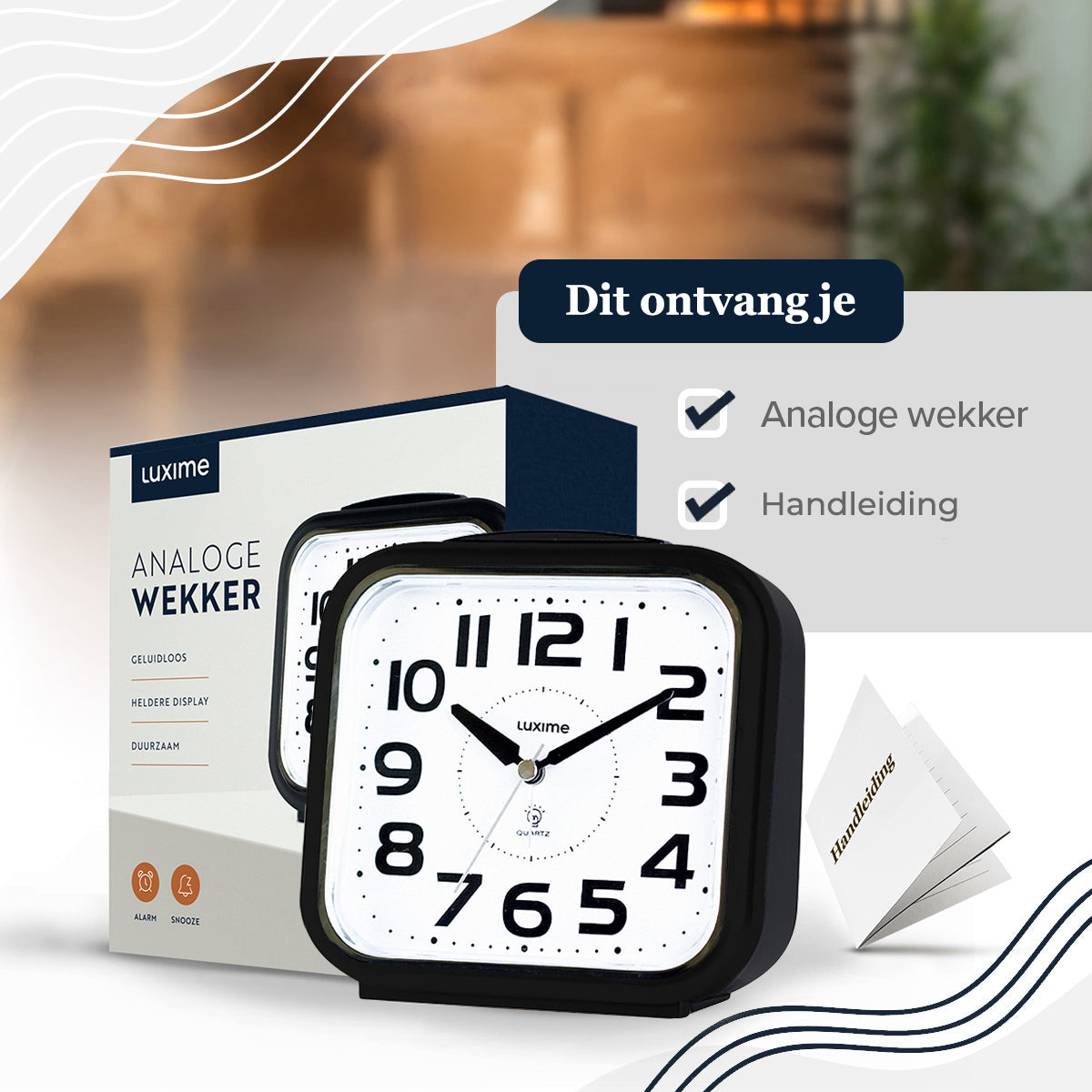 Inhoud verpakking van de Luxime analoge wekker inclusief handleiding