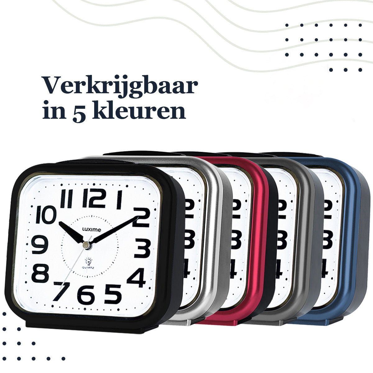 Luxime analoge wekker verkrijgbaar in 5 kleuren zwart zilver rood grijs en blauw