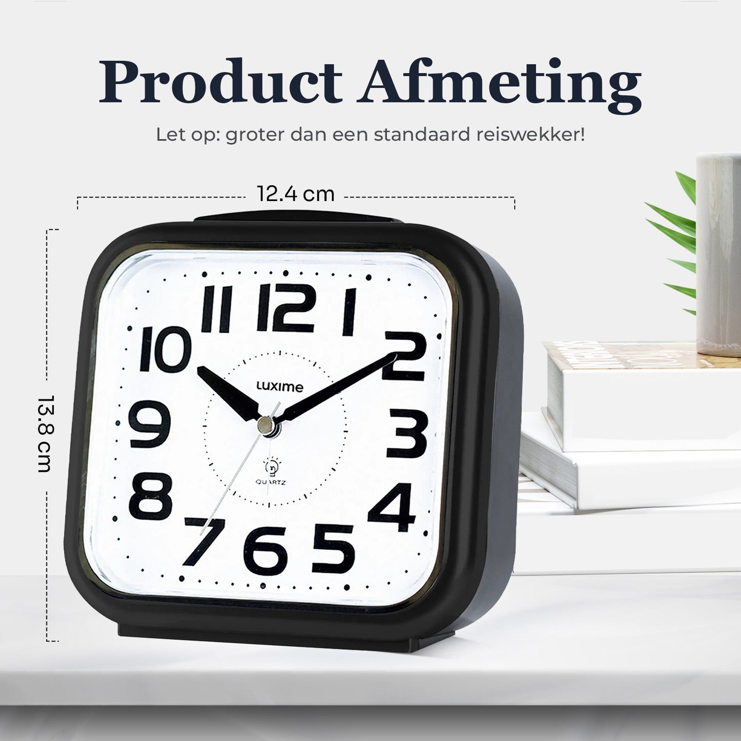 Afmetingen van de Luxime analoge wekker zwart 12,4 x 13,8 cm