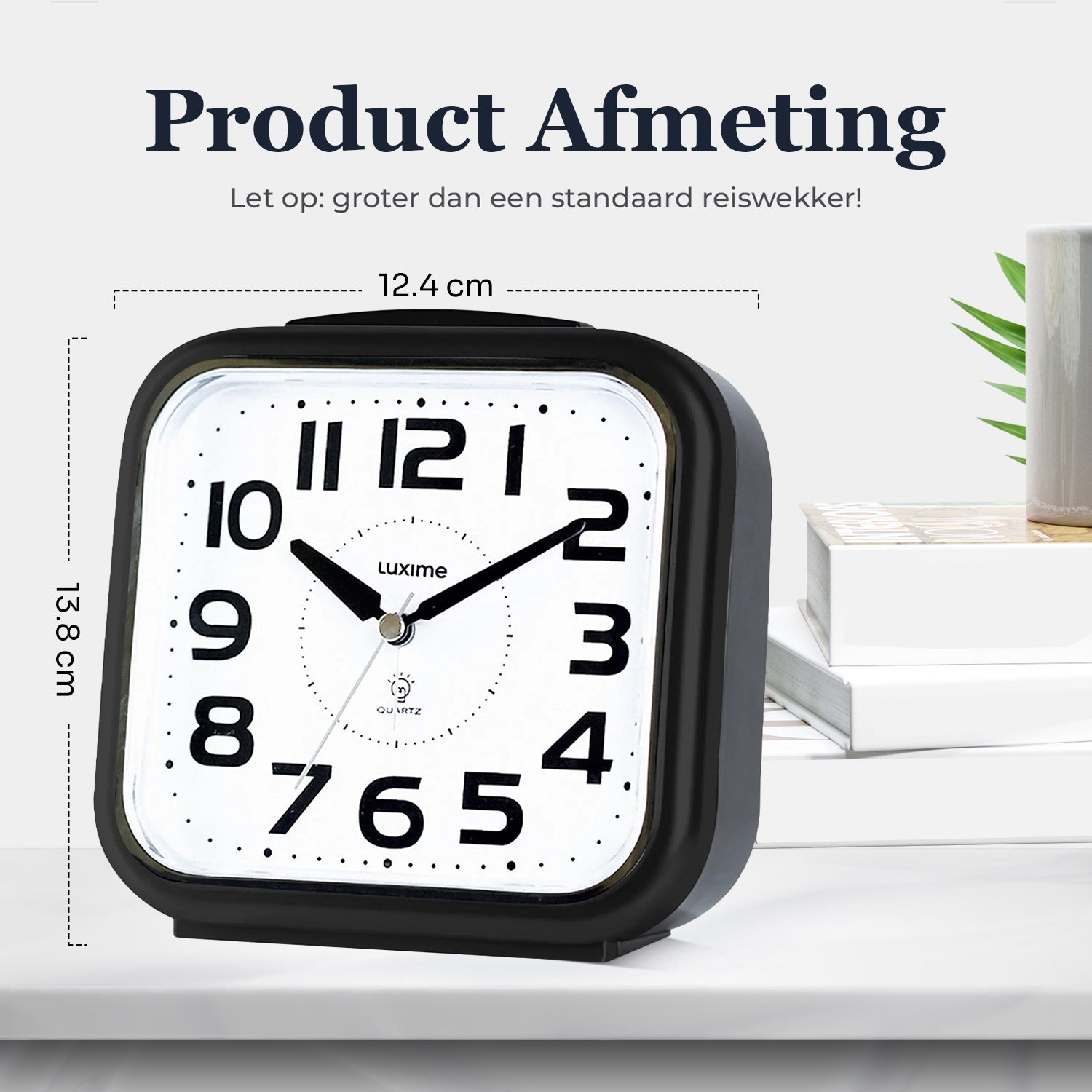 Afmetingen van de Luxime analoge wekker zwart 12,4 x 13,8 cm