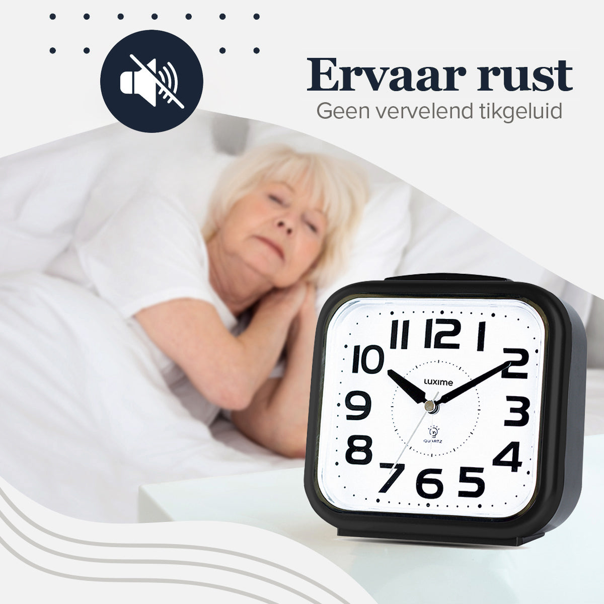 Luxime analoge wekker zwart zonder tikgeluid voor een stille nachtrust