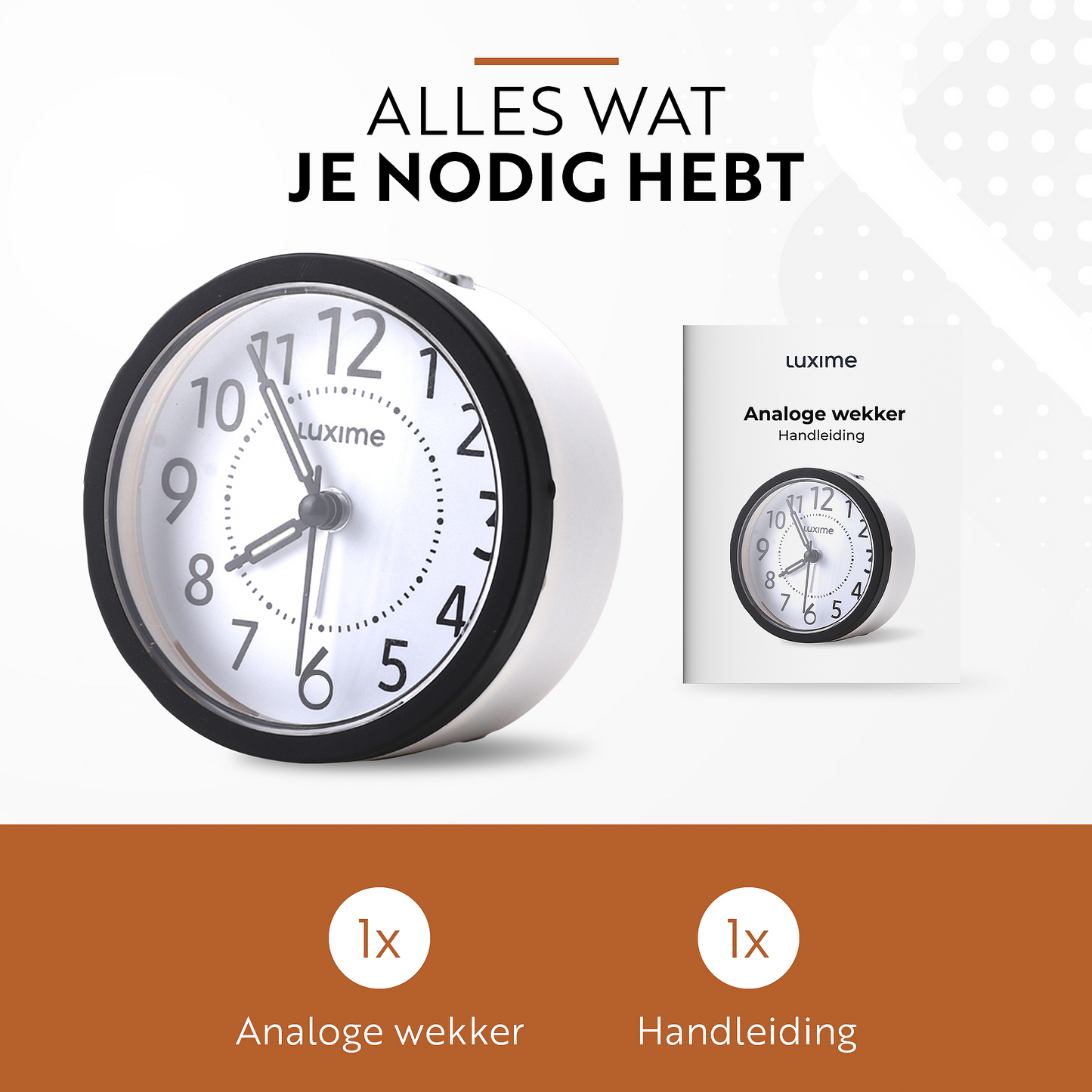 Inhoud verpakking van Luxime analoge wekker zwart inclusief handleiding