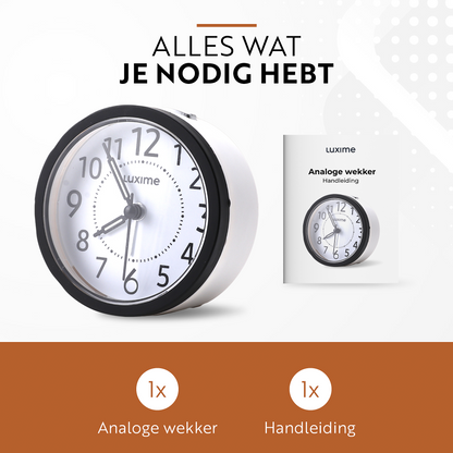 Inhoud verpakking van Luxime analoge wekker zwart inclusief handleiding