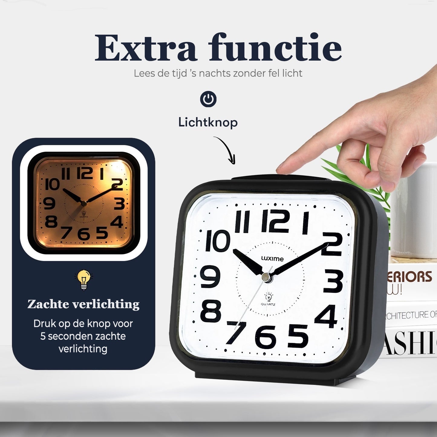 Luxime analoge wekker zwart met lichtknop en zachte nachtverlichting