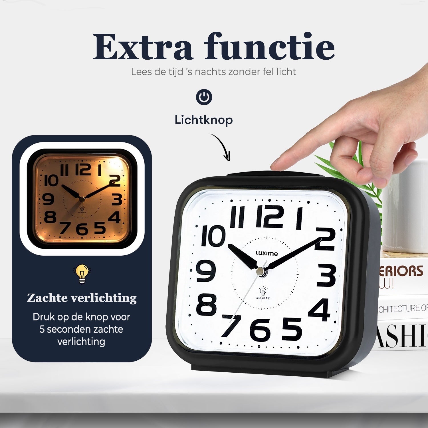 Luxime analoge wekker zwart met lichtknop en zachte nachtverlichting