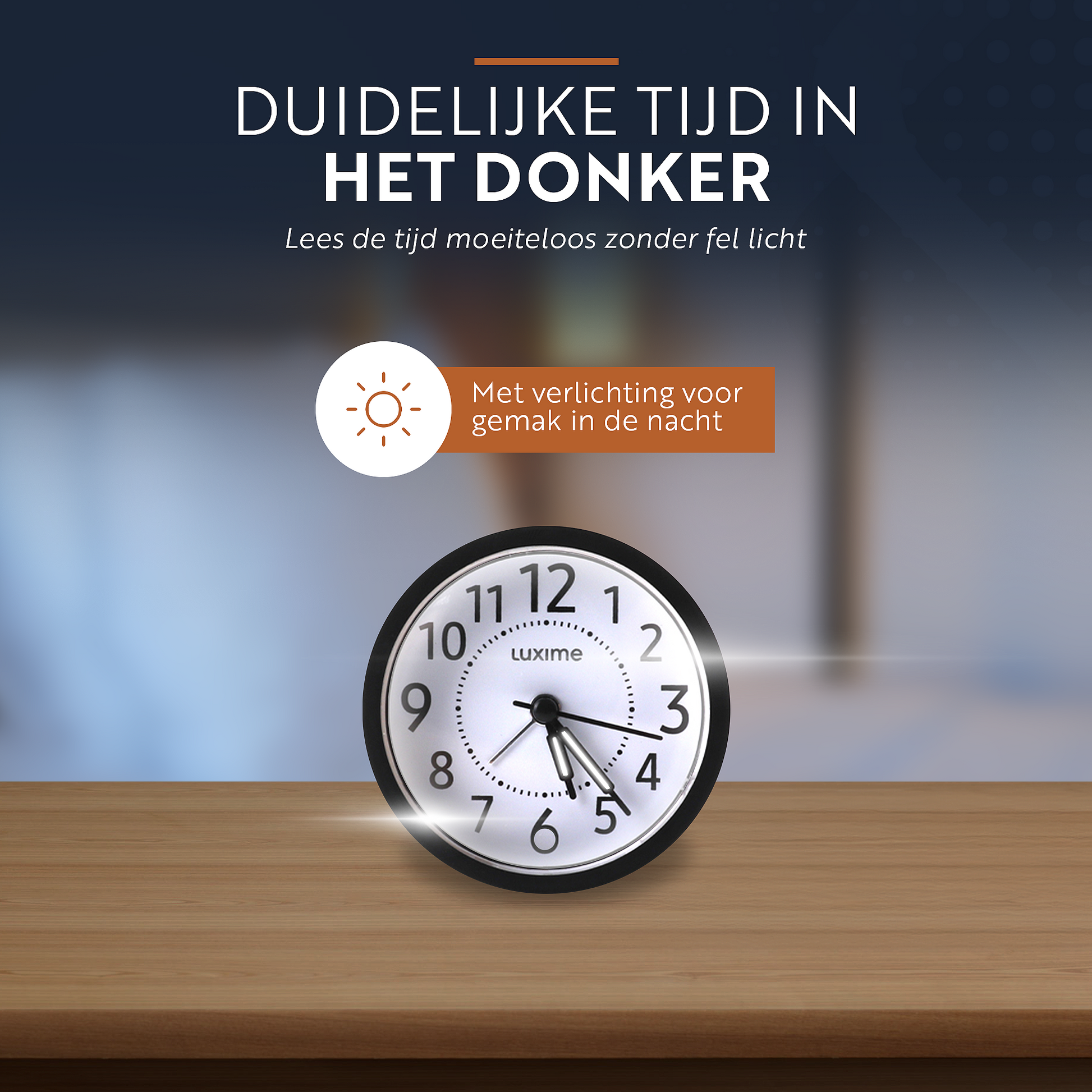Luxime analoge wekker zwart met verlichting om de tijd duidelijk te zien in het donker