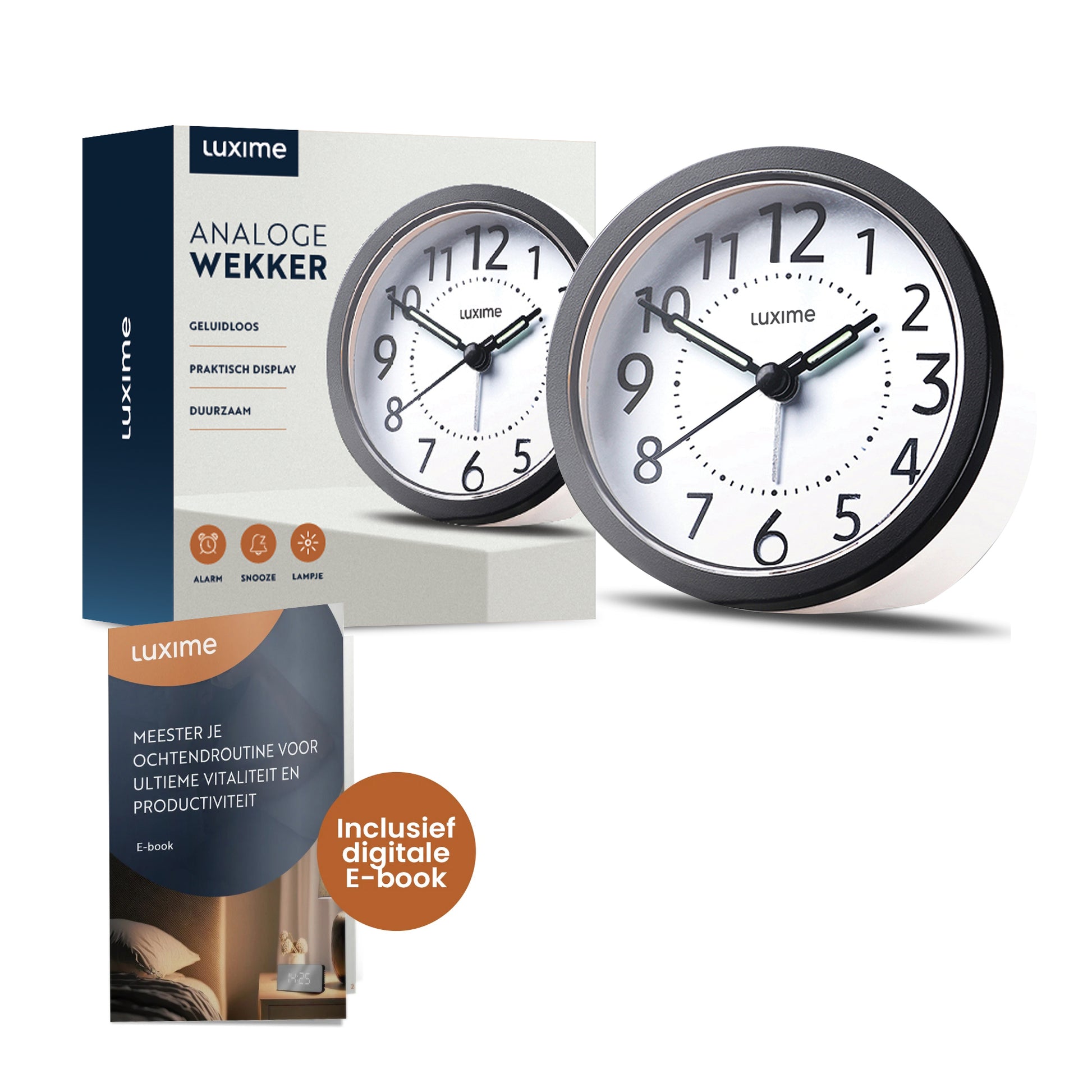 Luxime analoge wekker zwart met stil uurwerk en groot duidelijk display inclusief digitale e-book