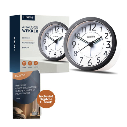 Luxime analoge wekker zwart met stil uurwerk en groot duidelijk display inclusief digitale e-book