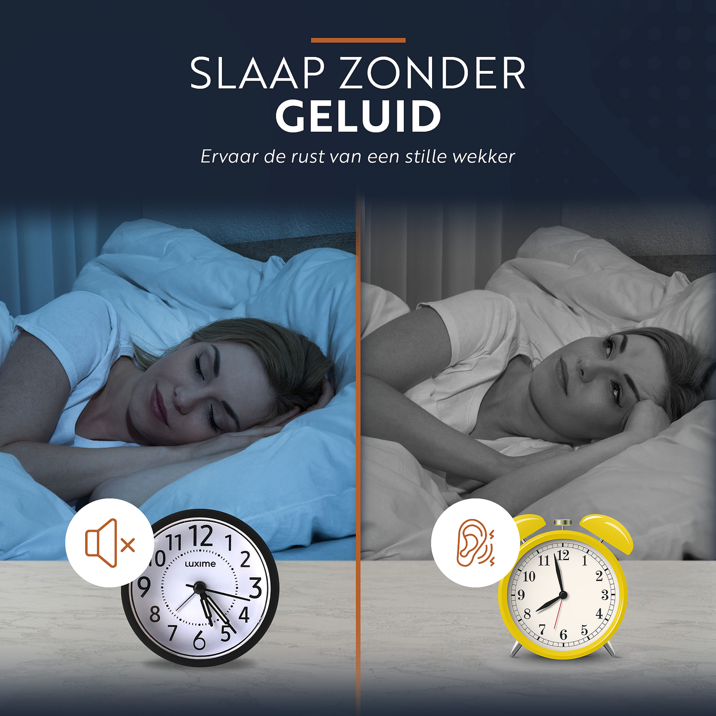 Vergelijking van Luxime analoge wekker zwart als stille wekker zonder tikgeluid tegenover traditionele wekker