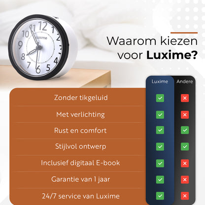 Vergelijking van Luxime analoge wekker zwart zonder tikgeluid en met verlichting ten opzichte van andere wekkers