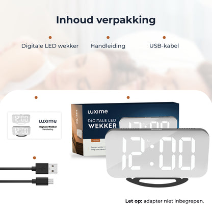 Luxime digitale LED wekker met USB kabel en handleiding inhoud verpakking adapter niet inbegrepen