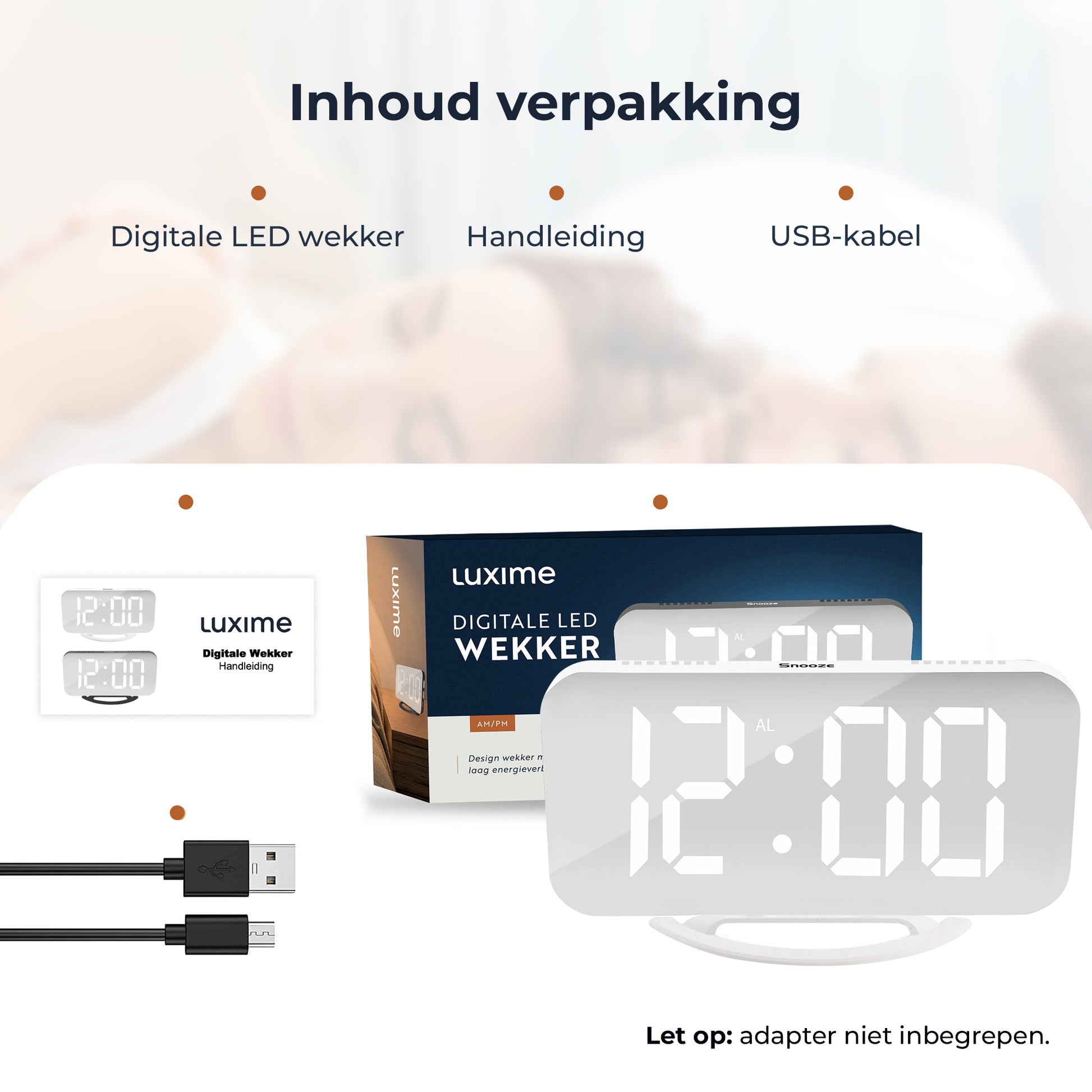 Inhoud verpakking Luxime digitale LED wekker 15 8 cm met USB kabel handleiding en doos adapter niet inbegrepen