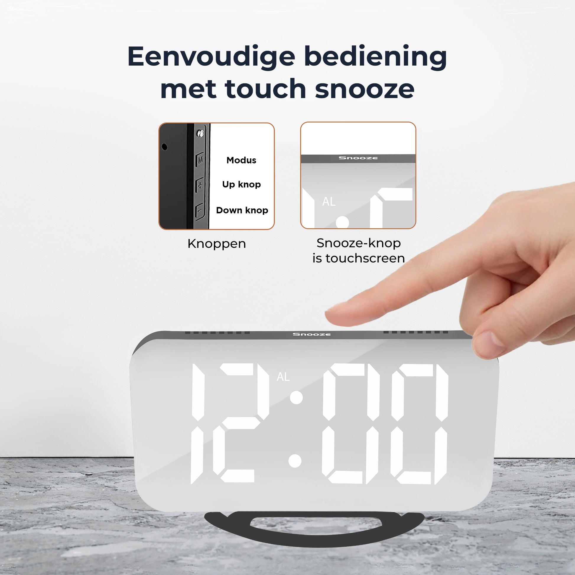Luxime digitale wekker met touch snooze knop touchscreen bediening en zijknoppen voor eenvoudige instelling