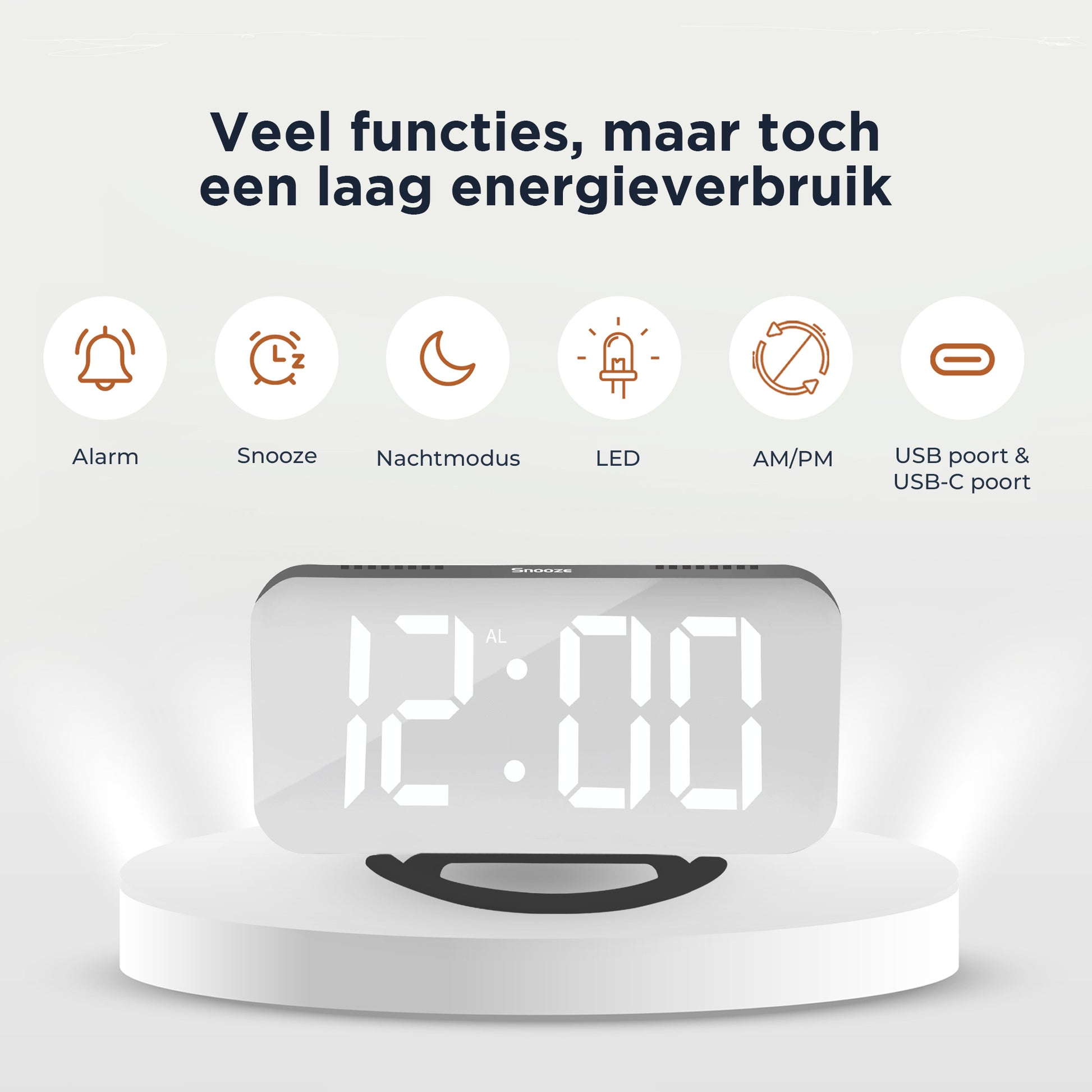 Luxime digitale wekker met alarm snooze nachtmodus LED display AM PM en USB en USB C poort