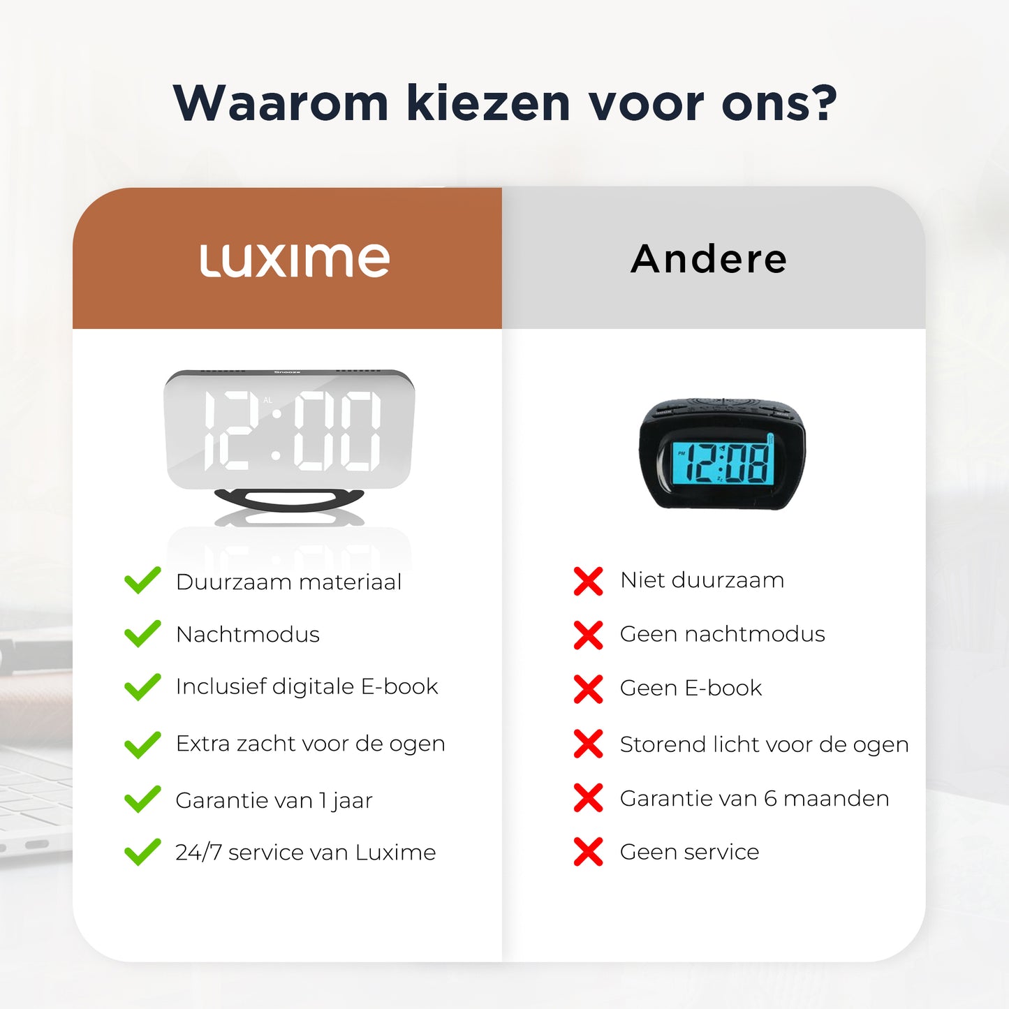 Luxime digitale wekker vergelijking met andere wekker met nachtmodus garantie service duurzaam materiaal en zacht licht