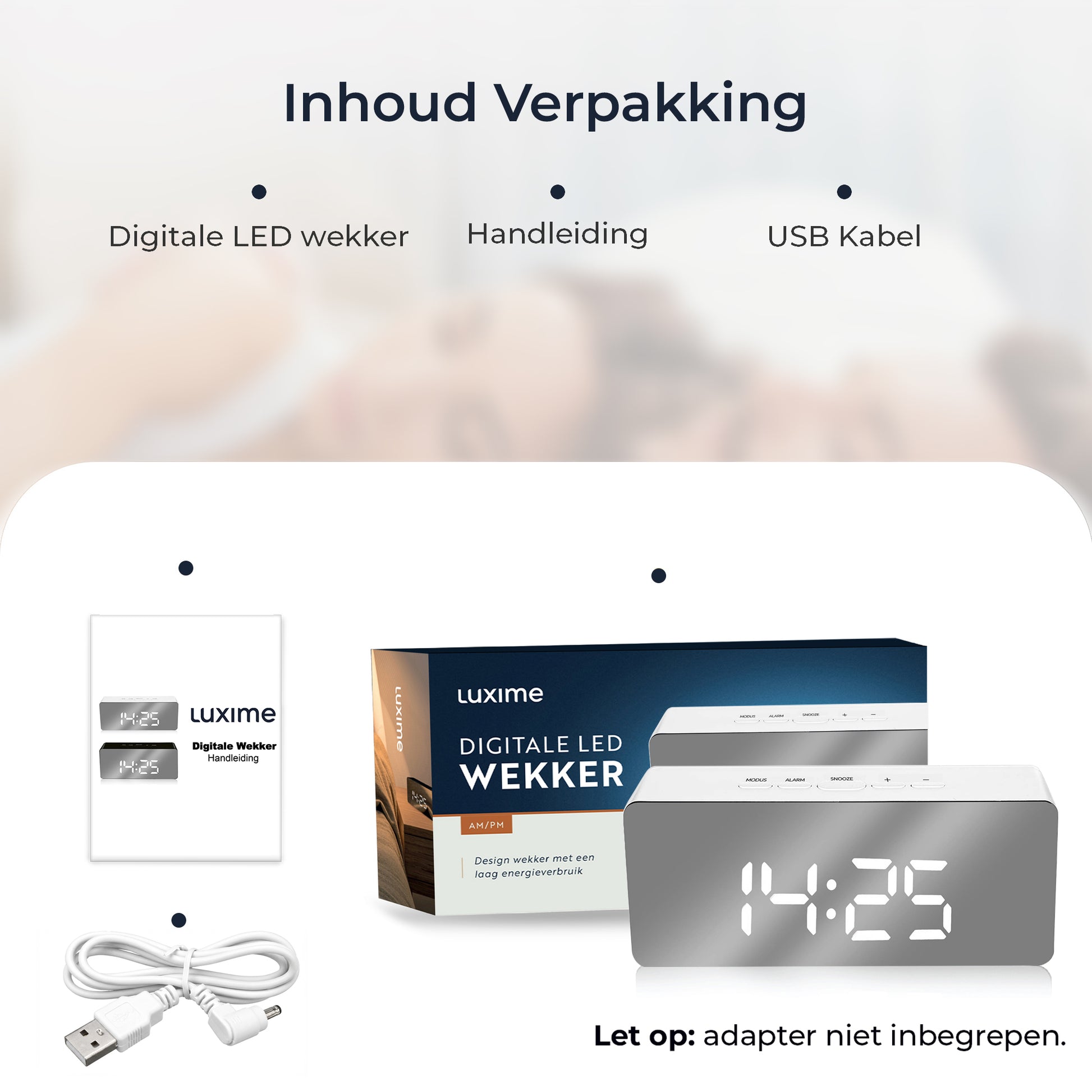 Luxime digitale wekker wit inclusief USB kabel en handleiding inhoud verpakking adapter niet inbegrepen