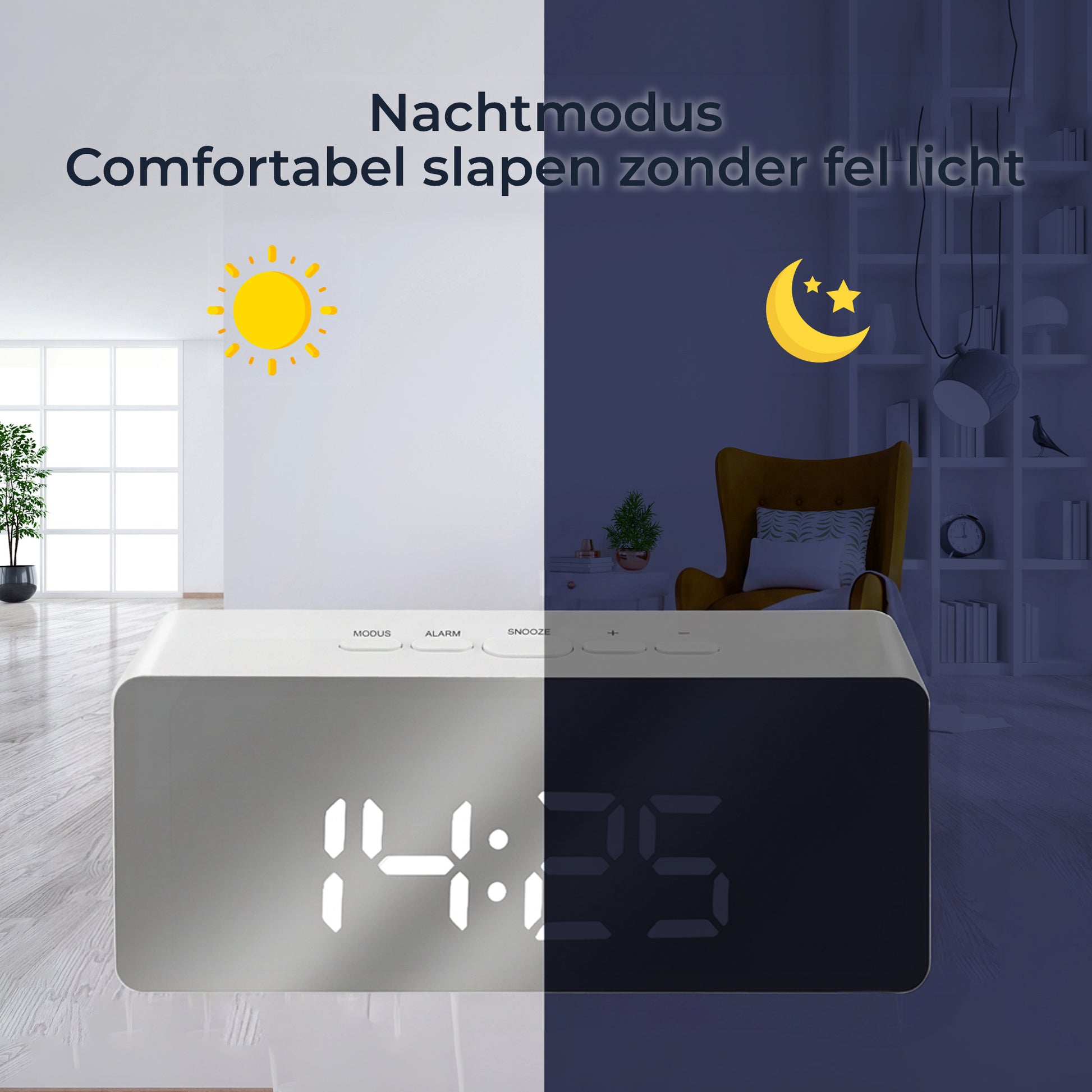 Luxime digitale wekker wit met nachtmodus en dimbaar LED display zacht licht voor comfortabel slapen in de slaapkamer