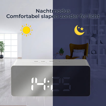Luxime digitale wekker wit met nachtmodus en dimbaar LED display zacht licht voor comfortabel slapen in de slaapkamer