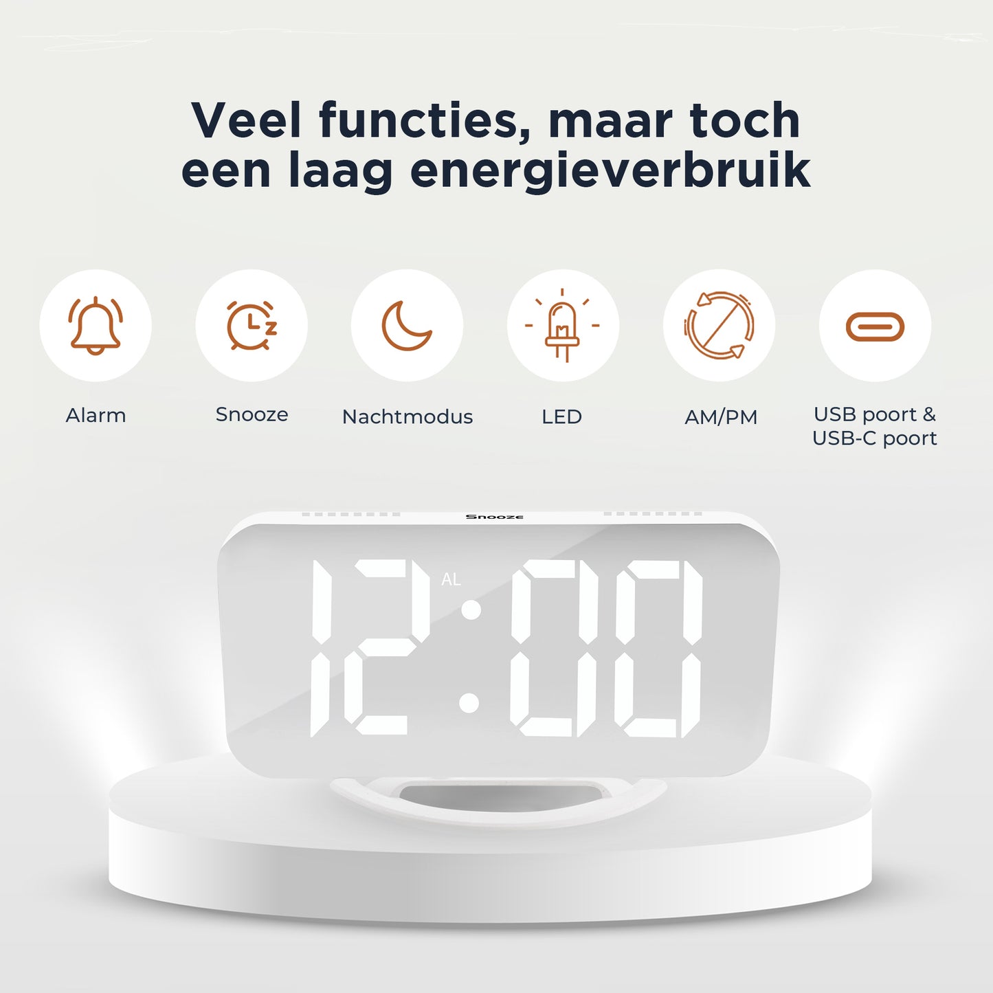 Luxime digitale wekker wit met USB en USB C poort LED display nachtmodus snooze en laag energieverbruik
