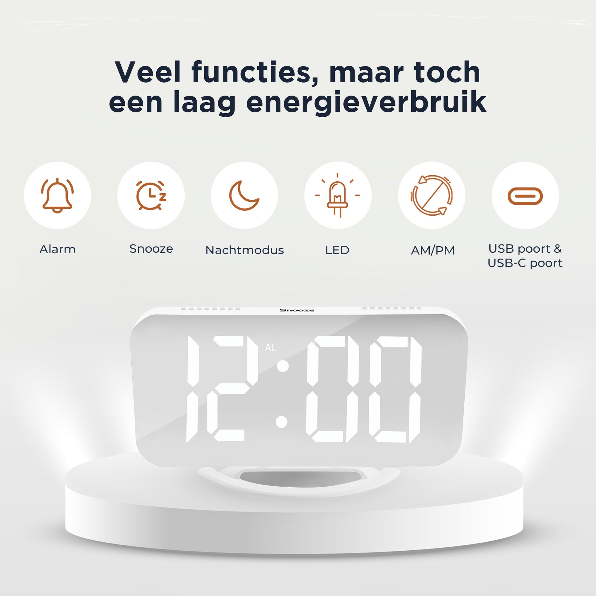 Luxime digitale wekker wit met USB en USB C poort LED display nachtmodus snooze en laag energieverbruik