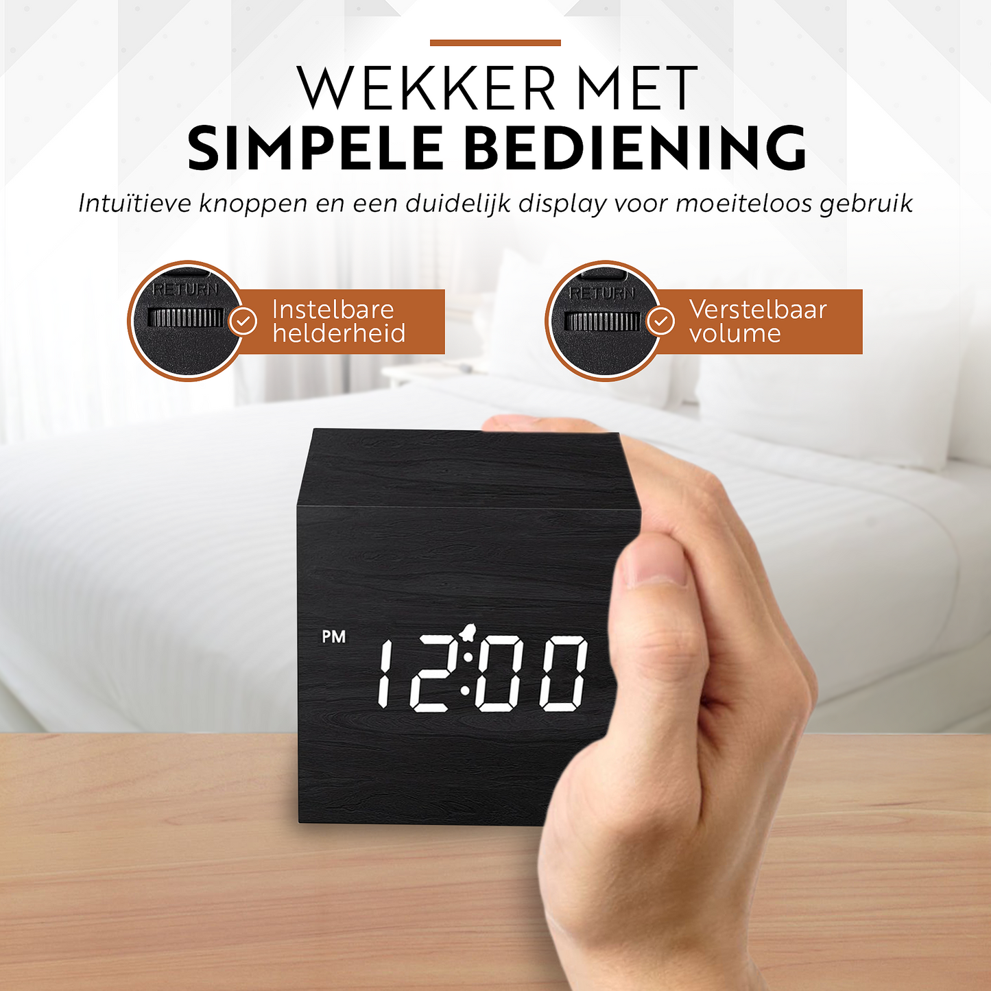 Luxime digitale wekker zwart met simpele bediening en instelbare helderheid voor eenvoudig gebruik