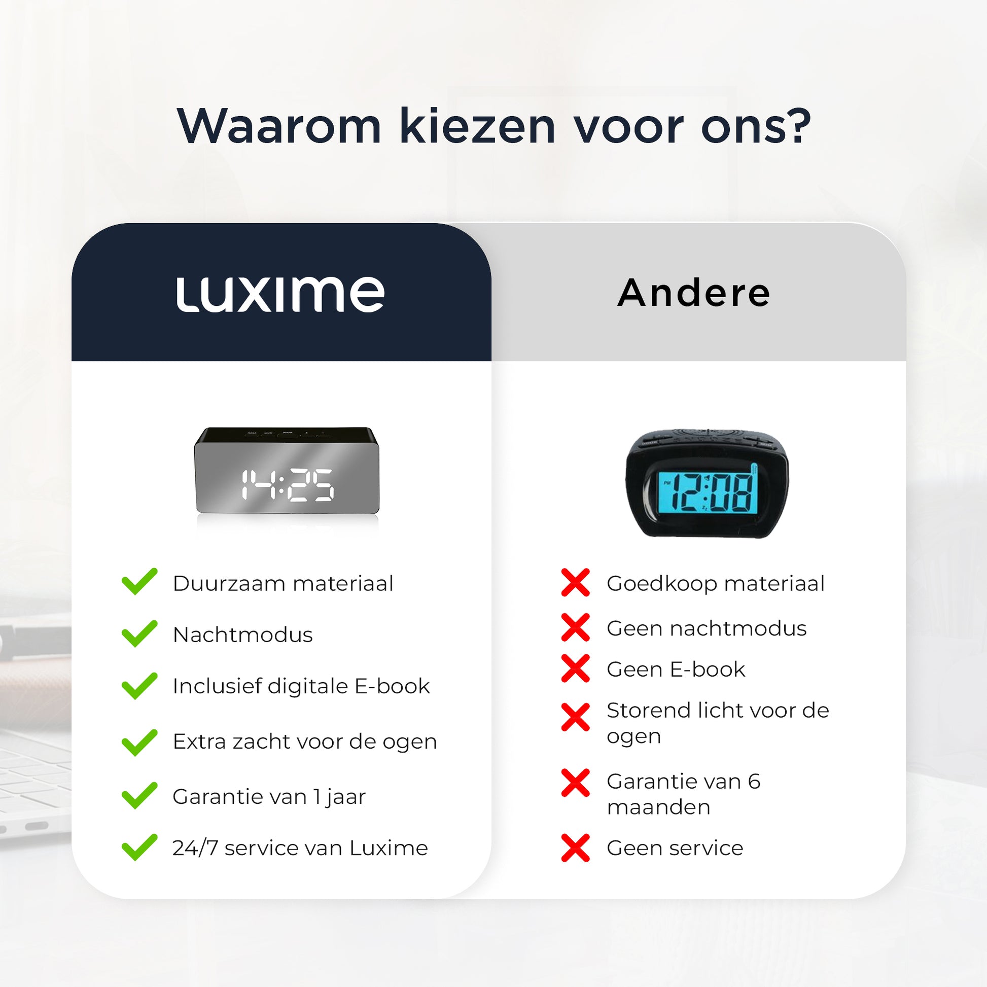 Vergelijking tussen Luxime digitale wekker zwart en andere wekkers met nachtmodus duurzaam materiaal extra zacht licht garantie en service