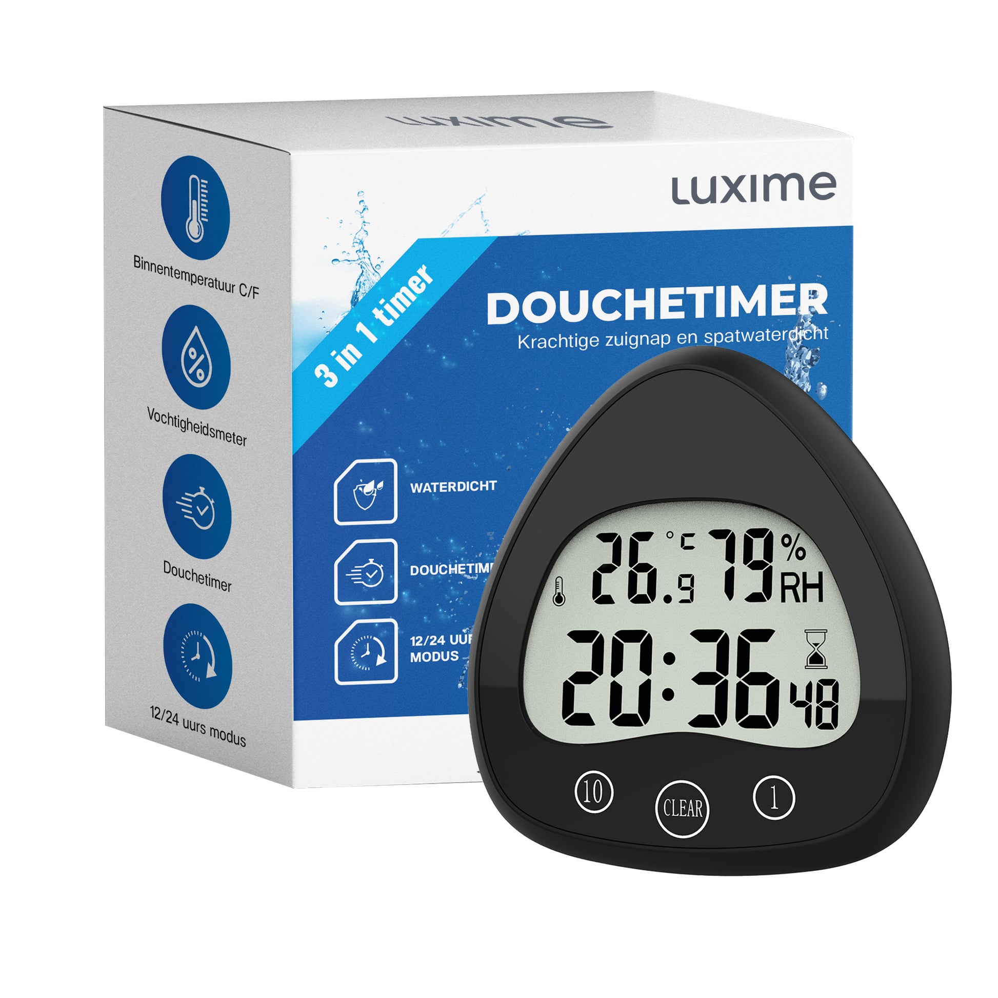 Luxime 3-in-1 douchetimer met thermometer en hygrometer – waterdicht zwart design voor badkamer en energiebesparing