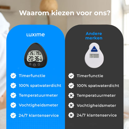 Vergelijking Luxime douchetimer met andere merken – 3-in-1 met thermometer en hygrometer