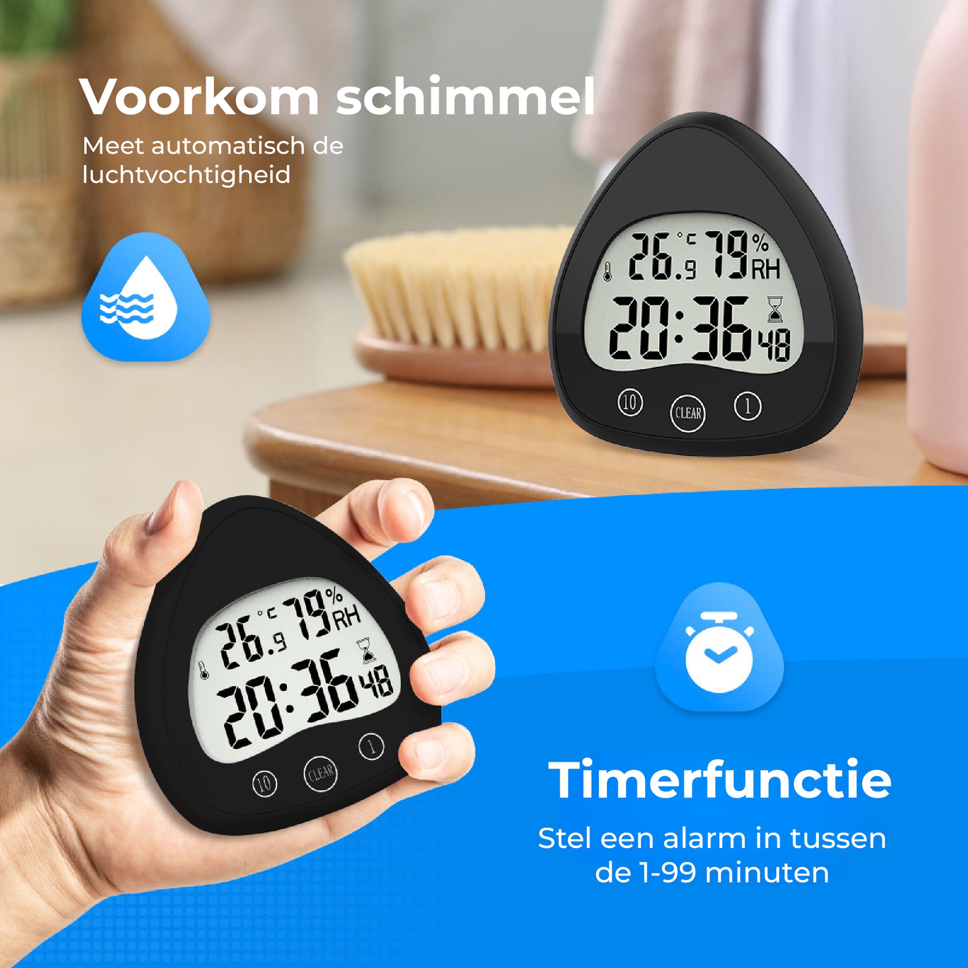 Luxime douchetimer met luchtvochtigheidsmeter om schimmel in de badkamer te voorkomen