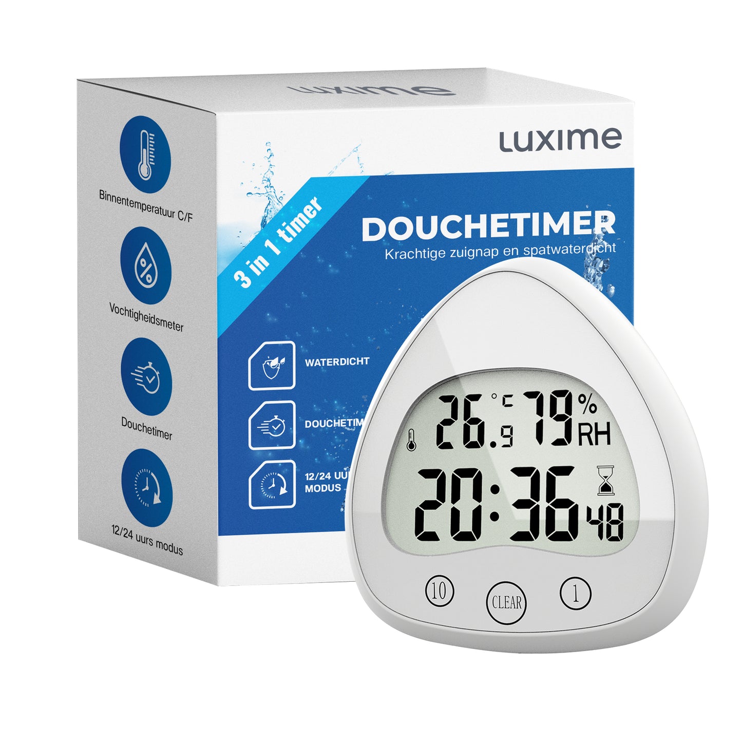 Luxime waterdichte douchetimer in wit design tijdens het douchen – houd controle over je douchetijd en bespaar water