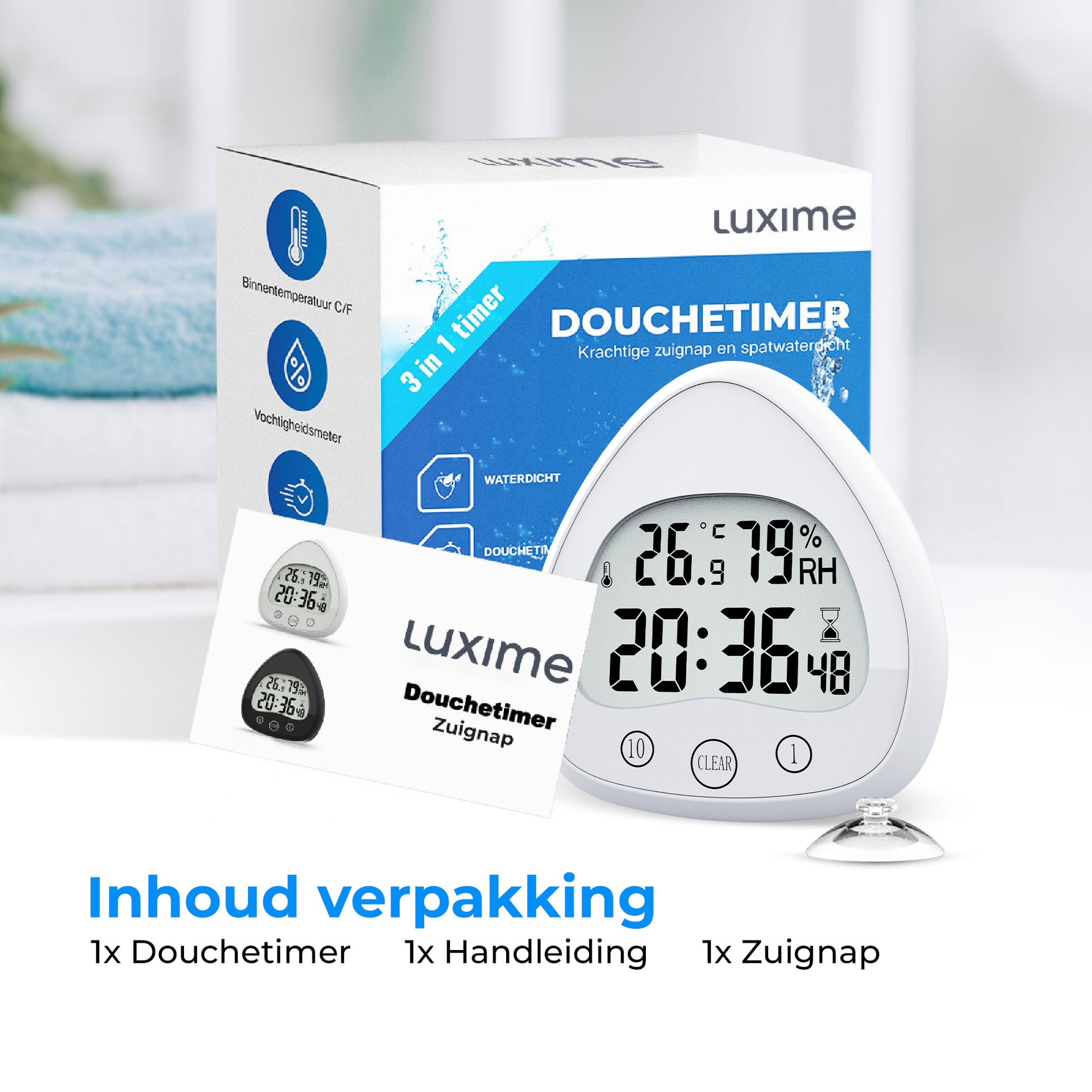 Complete set Luxime witte douchetimer – inclusief zuignap en handleiding