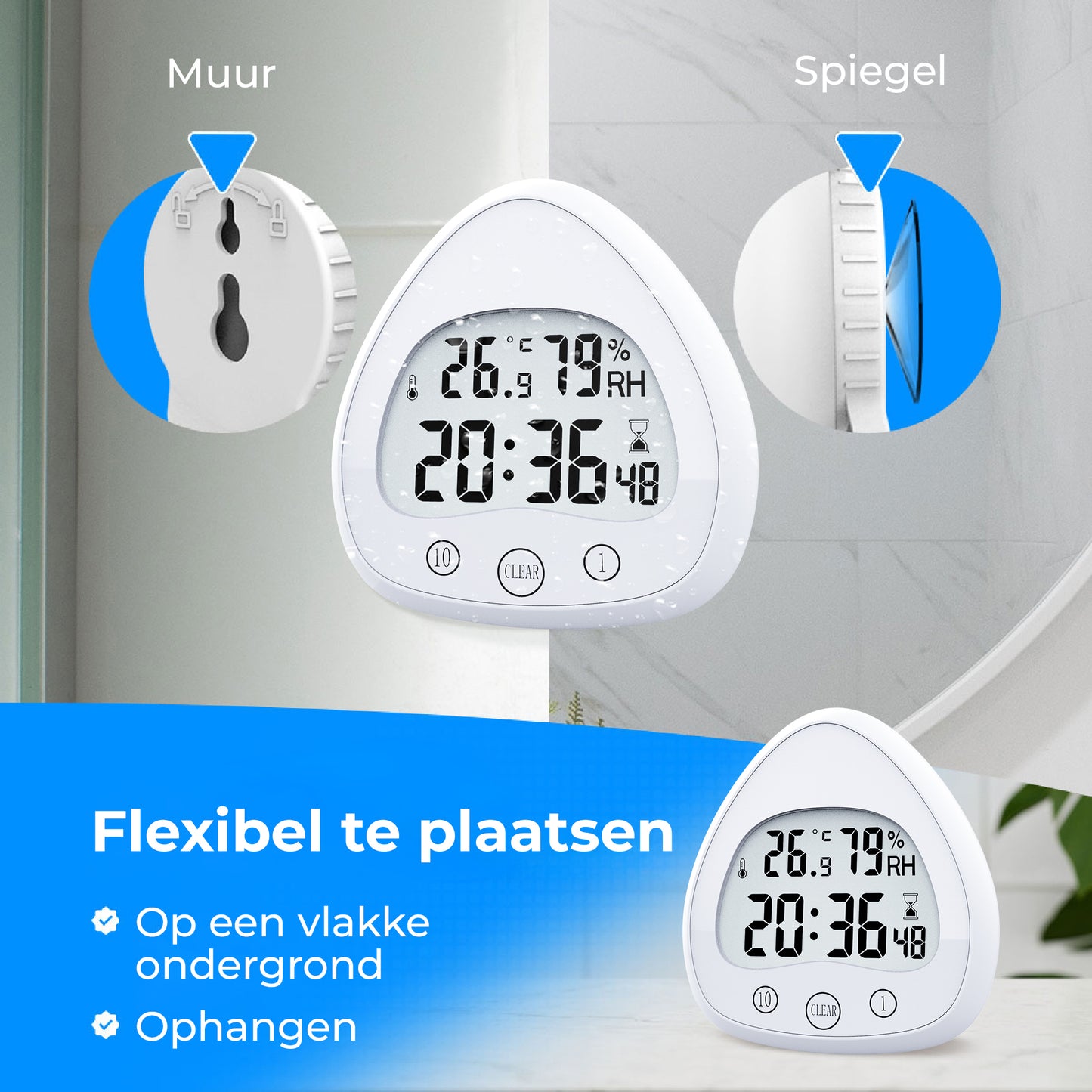 Luxime witte douchetimer flexibel te plaatsen – bevestig op muur, spiegel of vlakke ondergrond