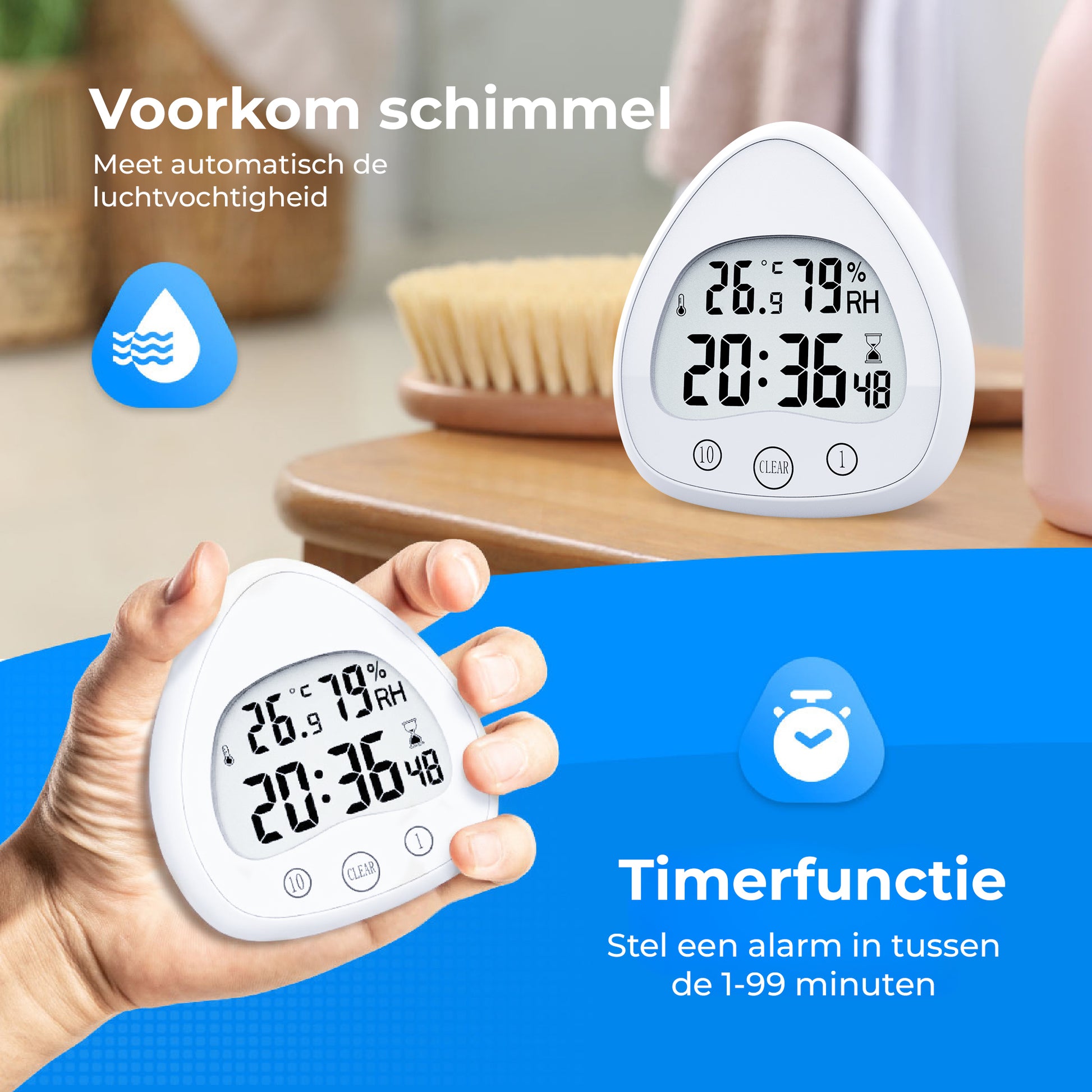 Luxime witte douchetimer met hygrometer – meet luchtvochtigheid en help schimmel voorkomen in de badkamer
