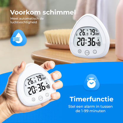 Luxime witte douchetimer met hygrometer – meet luchtvochtigheid en help schimmel voorkomen in de badkamer