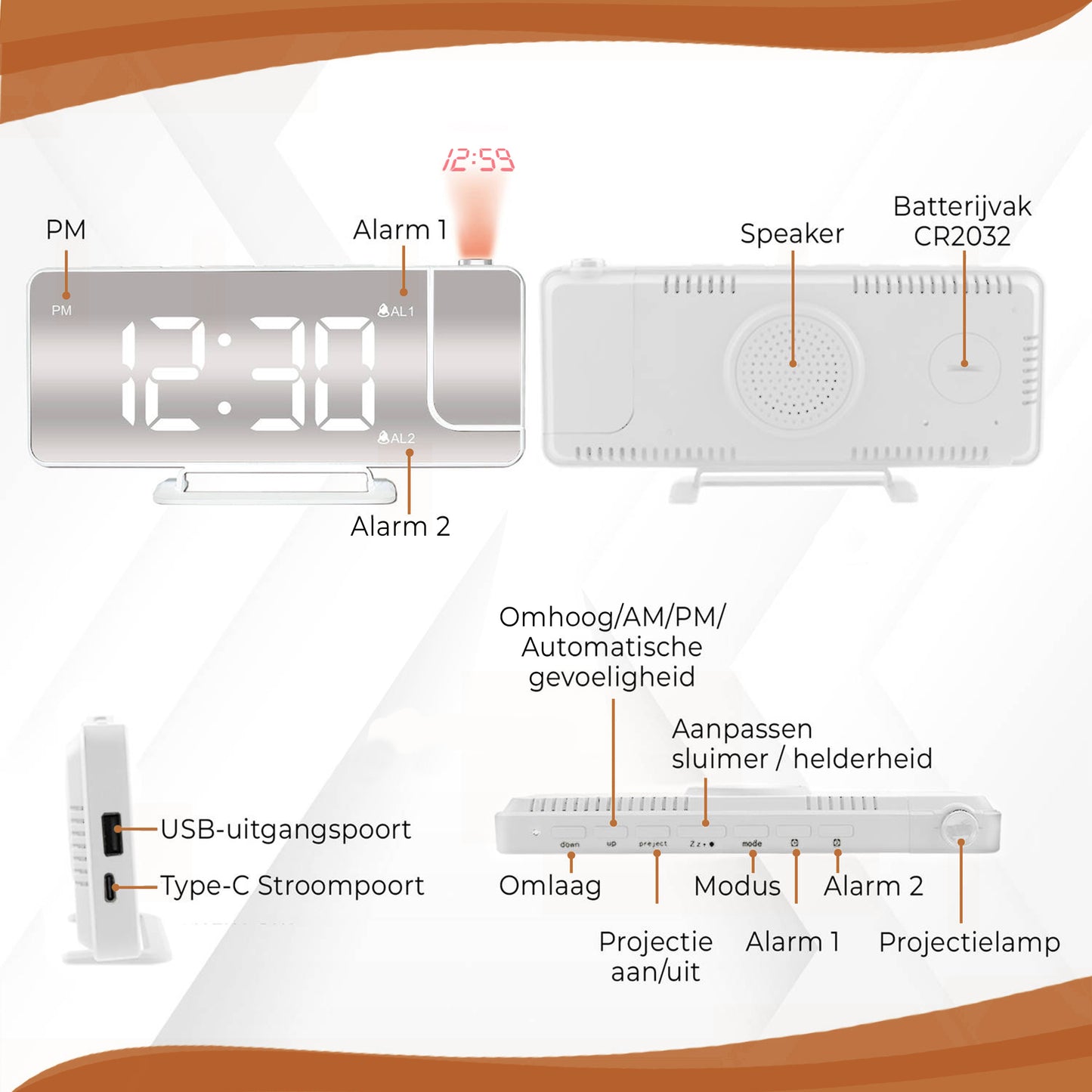 Luxime projector wekker met USB-uitgang, Type-C stroompoort en dubbele alarmfunctie