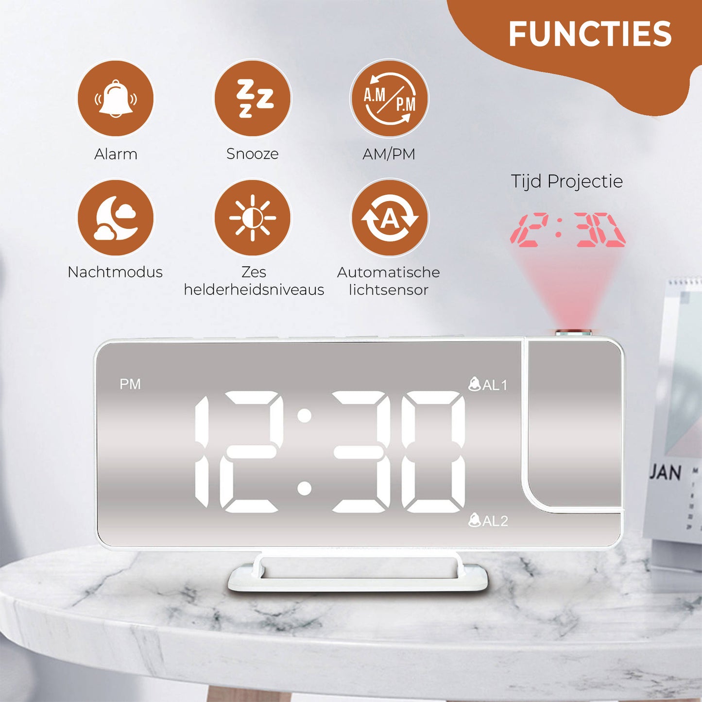 Luxime projector wekker met dubbel alarm, snooze, nachtmodus en automatische lichtsensor