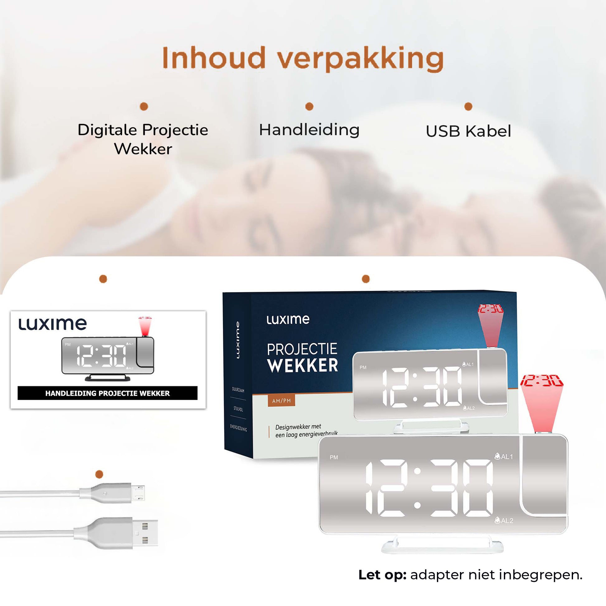 Inhoud verpakking van de Luxime projector wekker met USB kabel en handleiding