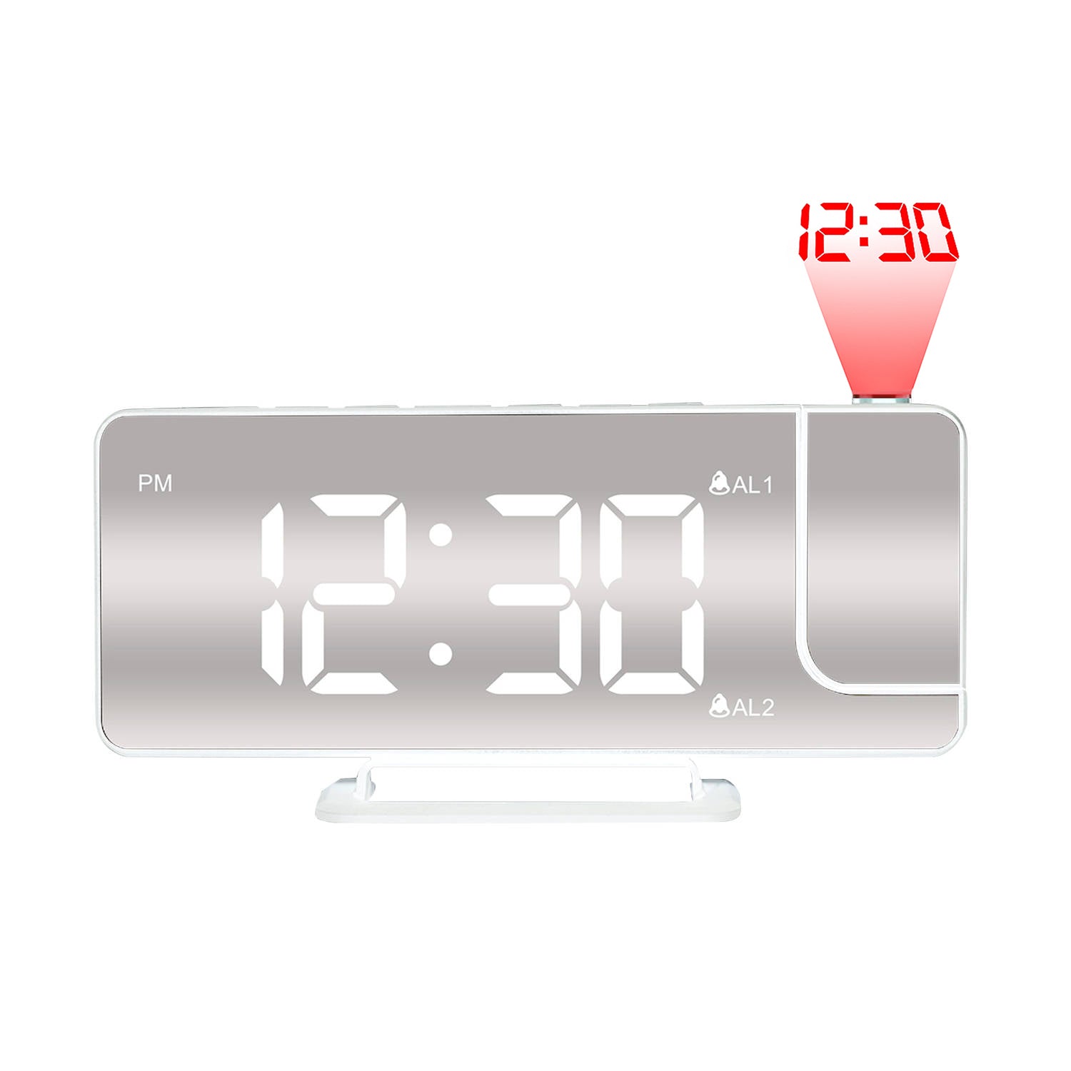 Luxime projector wekker met LED display, spiegel en dubbele alarmfunctie in wit