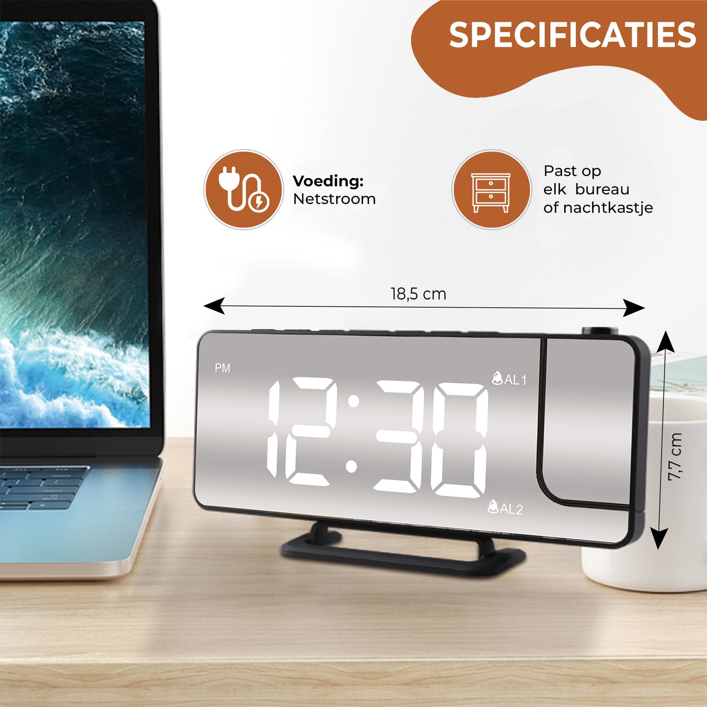 Luxime projector wekker in zwart met afmetingen van 18,5 cm breed en 7,7 cm hoog