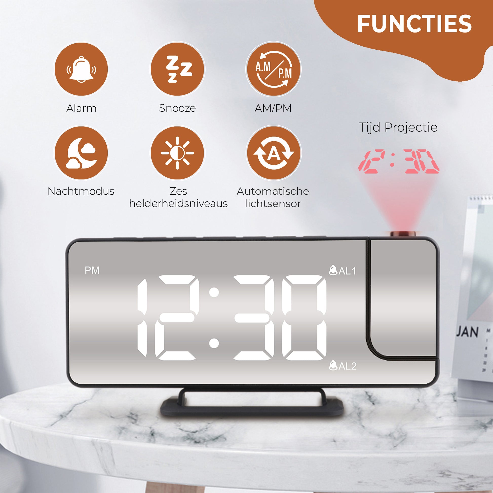 Luxime projector wekker in zwart met dubbel alarm, snooze en automatische lichtsensor