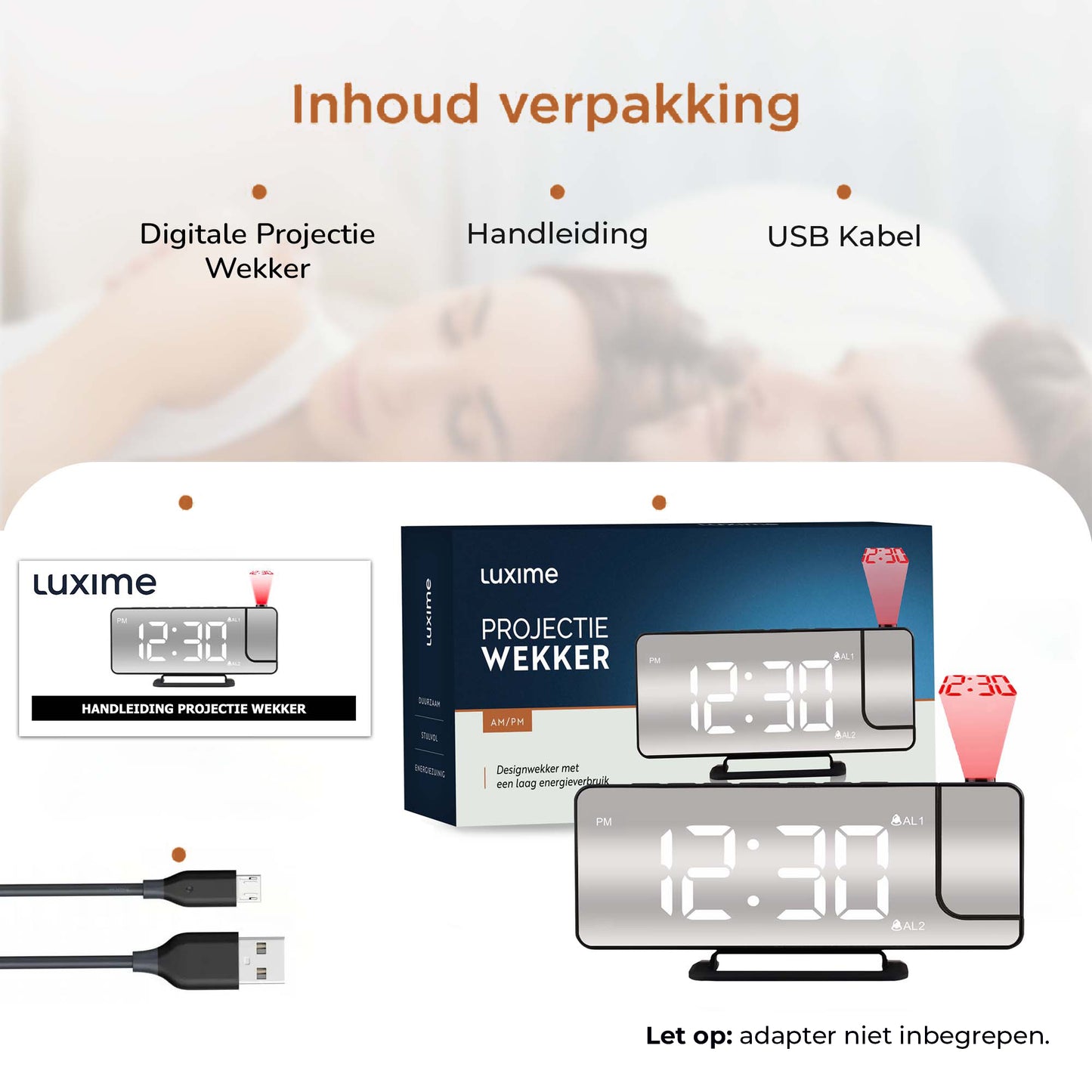 Luxime projector wekker in zwart inclusief USB-kabel en handleiding