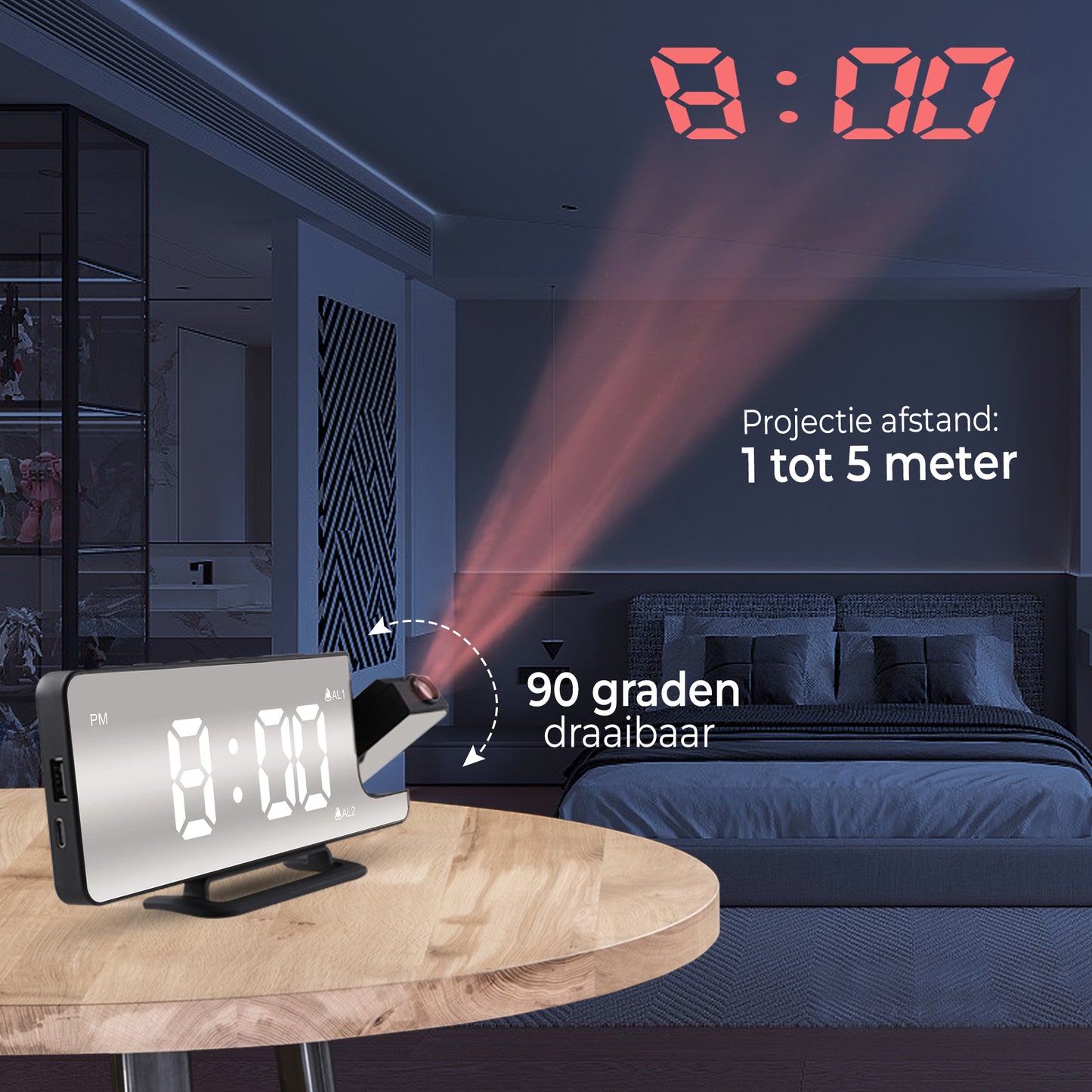 Luxime projector wekker in zwart met 1 tot 5 meter projectieafstand en 90 graden draaibare lens