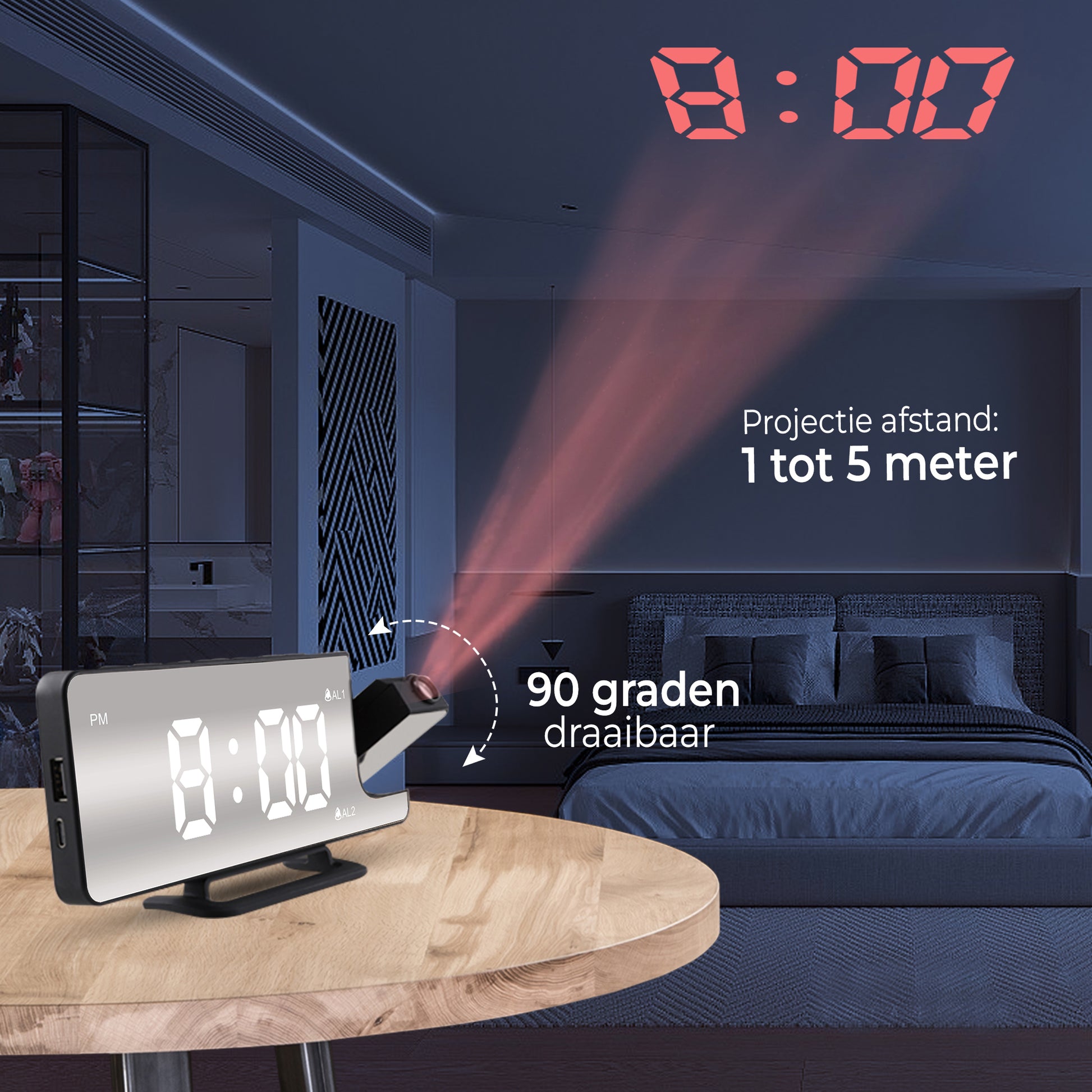 Luxime projector wekker in zwart met 1 tot 5 meter projectieafstand en 90 graden draaibare lens